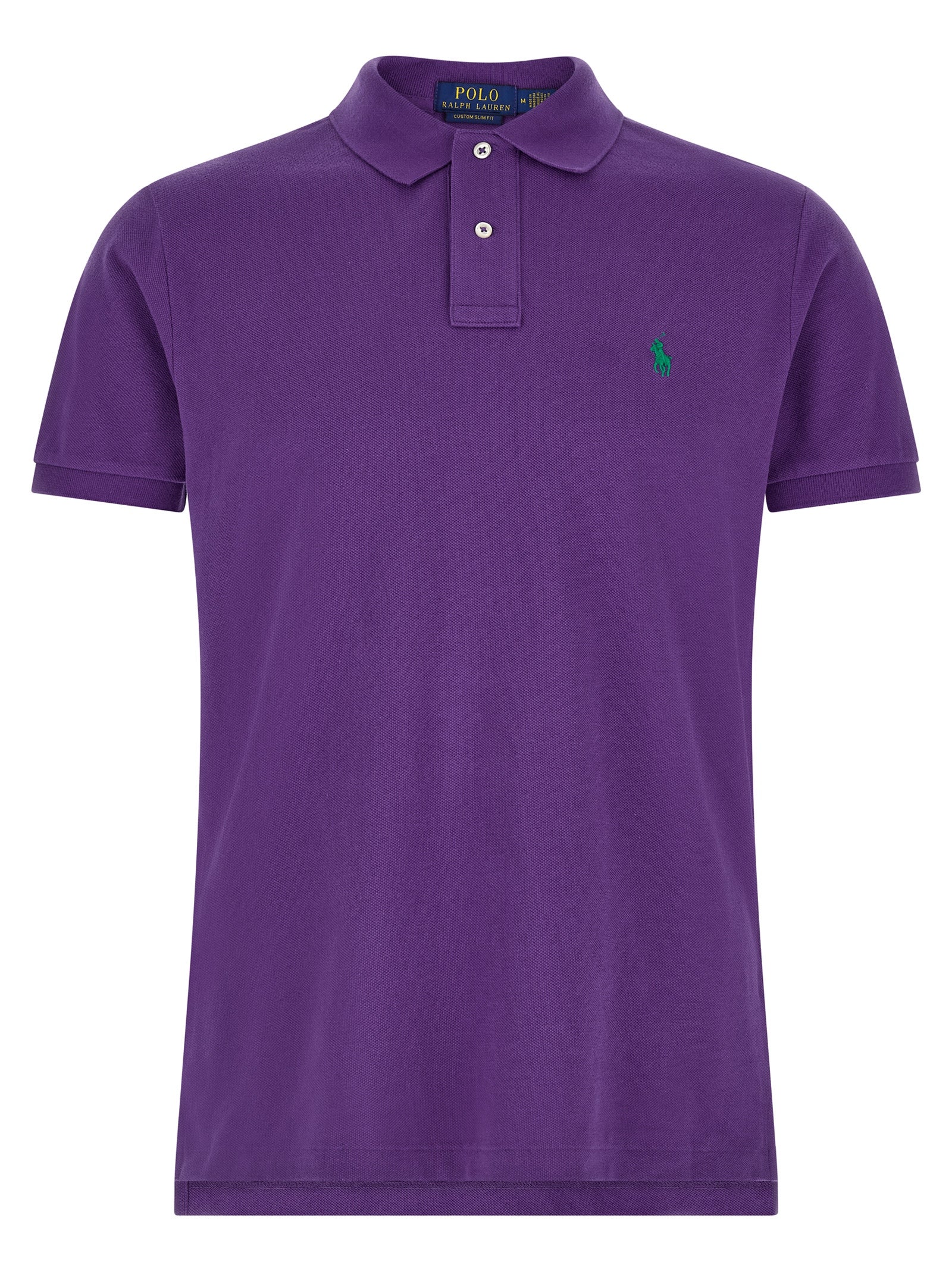 Chemise polo Ralph Lauren en coton violet, à col classique et logo brodé, portée sur un mannequin.