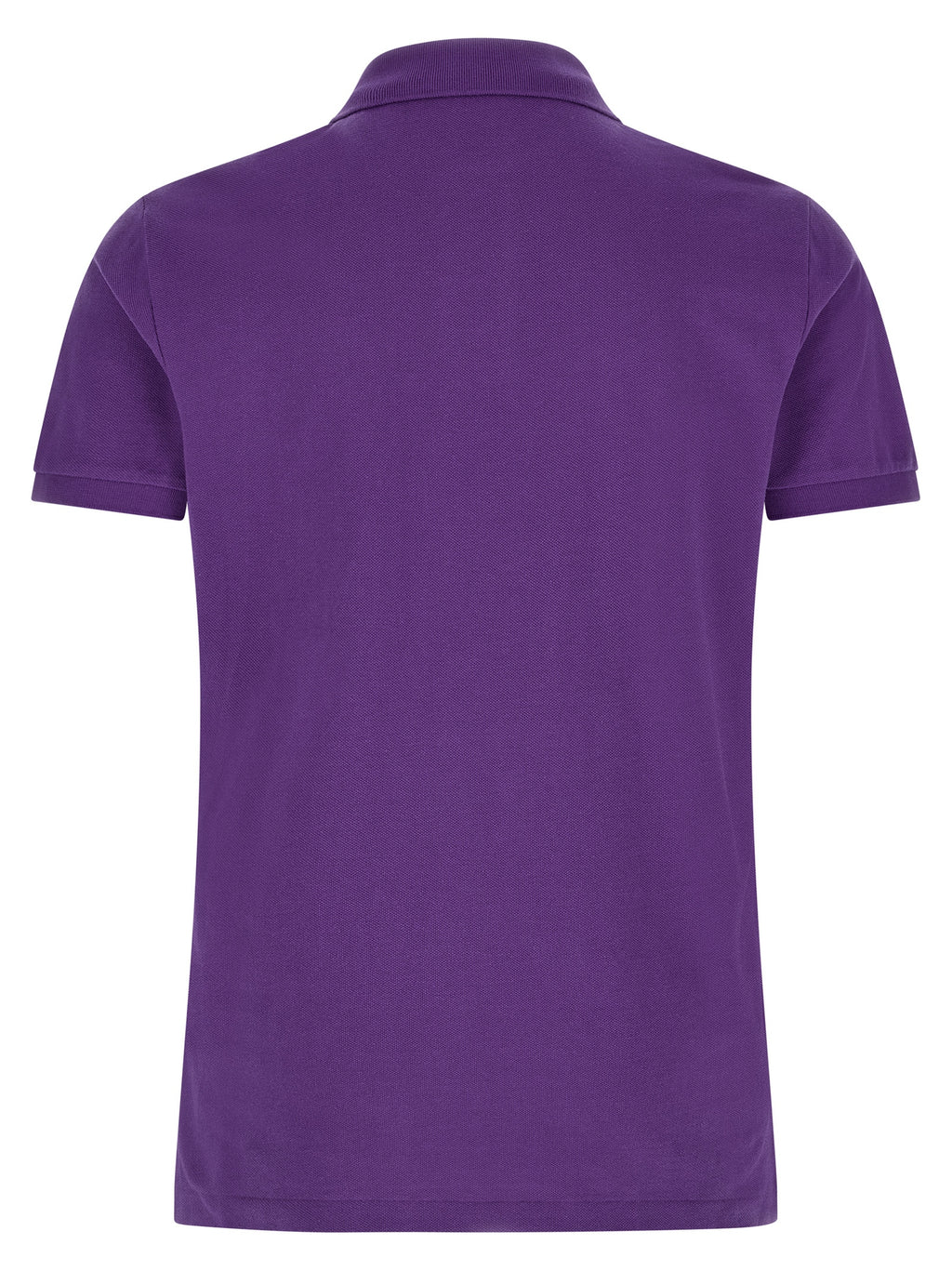 Chemise polo Ralph Lauren en coton violet, vue de face, détails du col et logo emblématique visible.