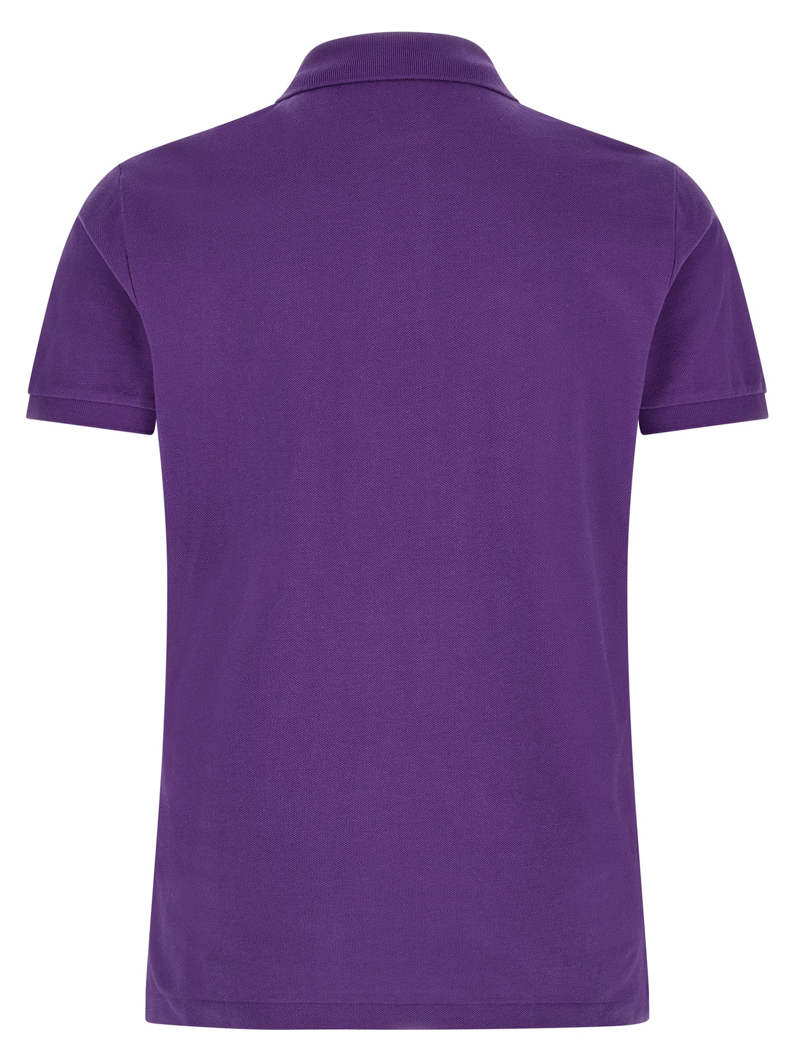 Chemise polo Ralph Lauren en coton violet, vue de face, détails du col et logo emblématique visible.