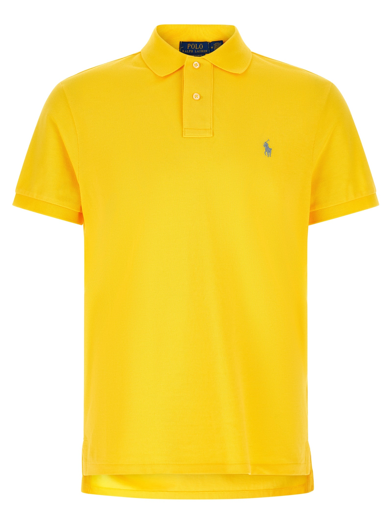 Chemise polo Ralph Lauren bicolore en coton, col classique, logo brodé sur la poitrine, vue de face.