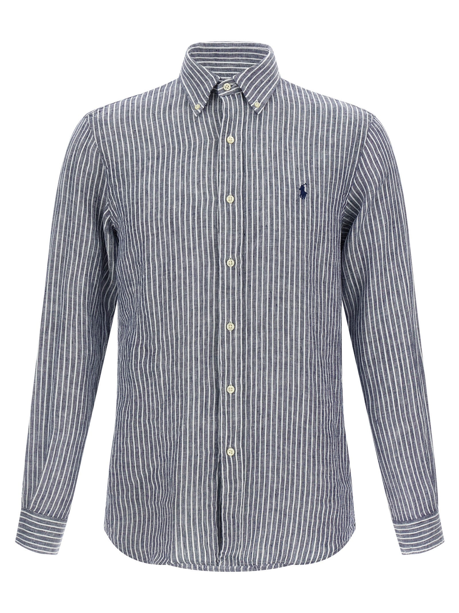 Chemise en lin bleu Polo Ralph Lauren, blouse élégante avec col et manches longues, tissu léger et respirant.