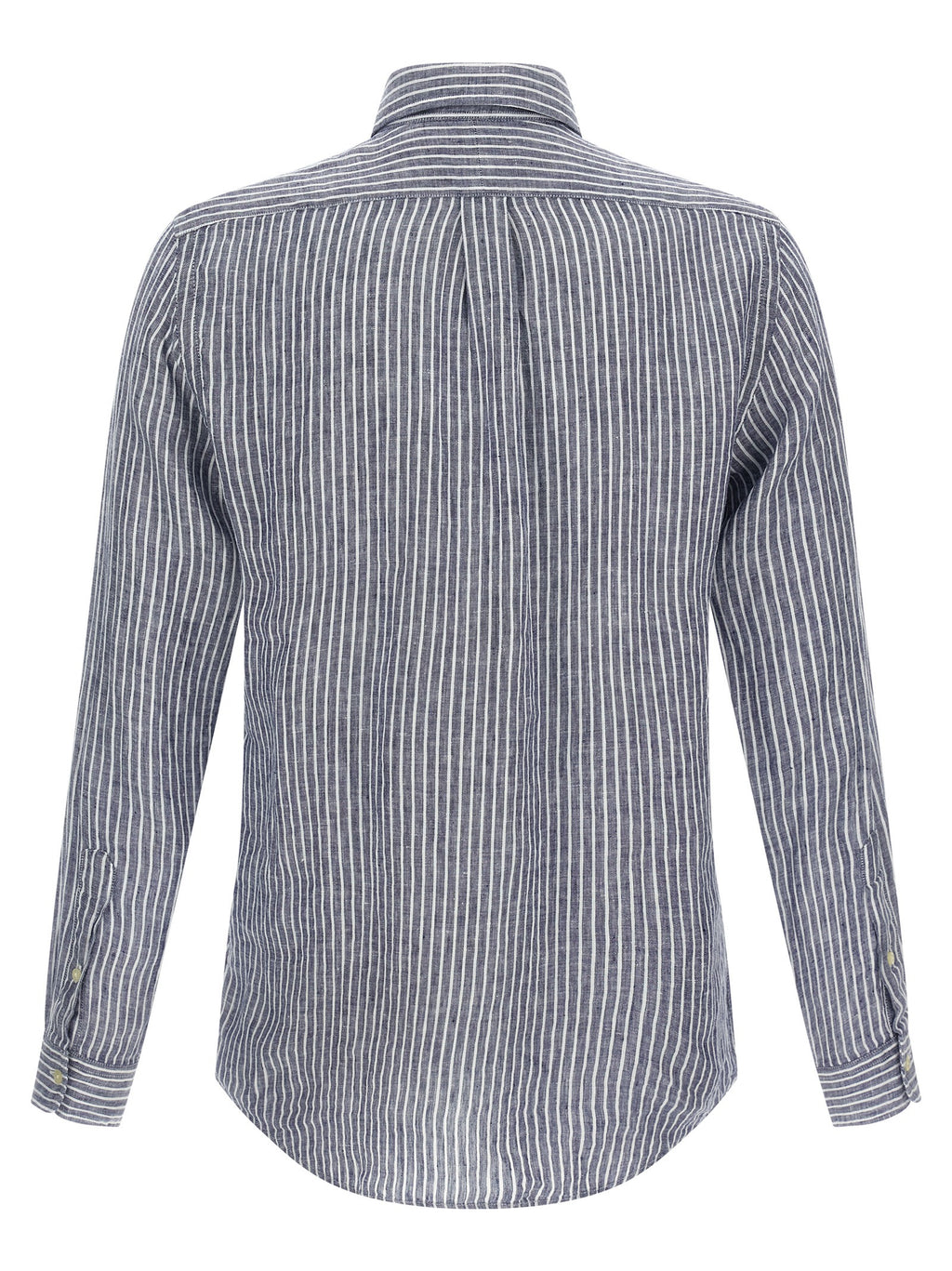 Chemise en lin bleue Polo Ralph Lauren, vue rapprochée montrant le col et les boutons du haut.