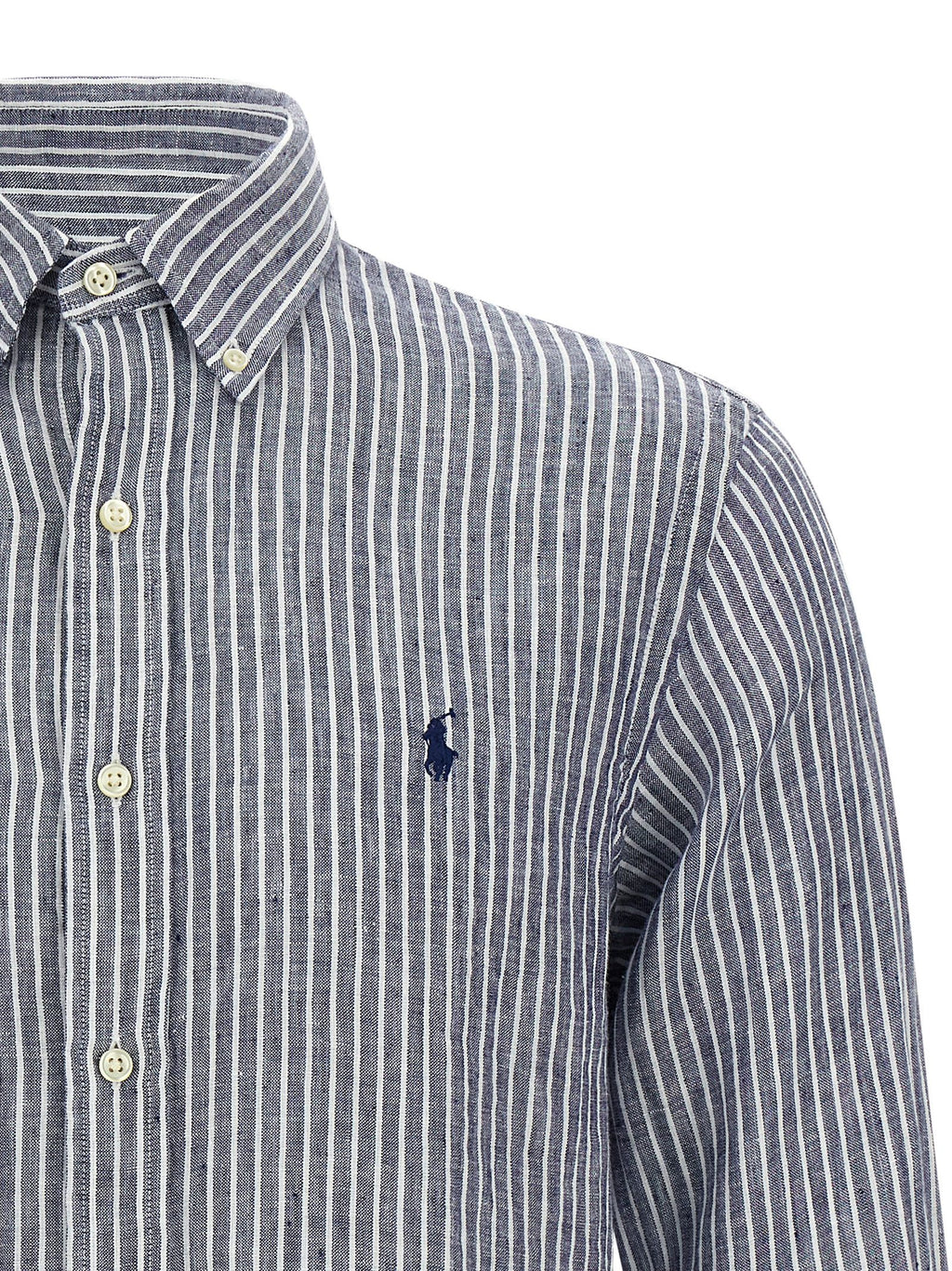 Chemise en lin bleu Polo Ralph Lauren, élégante blouse pour femme avec col et manches longues, tissu léger et respirant.