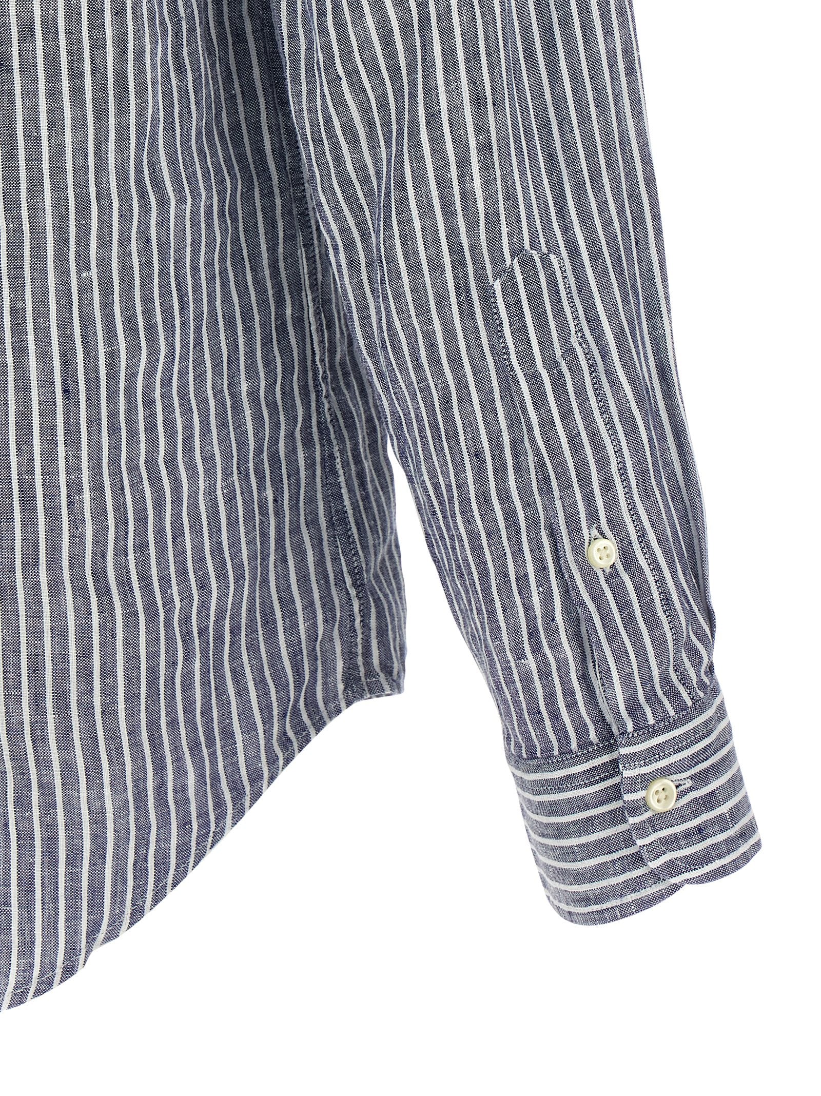 Chemise en lin bleue Polo Ralph Lauren, coupe classique, avec col et boutons, portée décontractée.
