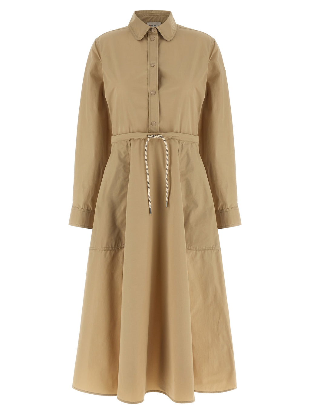Robe longue beige en polyester de la marque Moncler, avec coupe élégante et détails sophistiqués visible sur l'image.