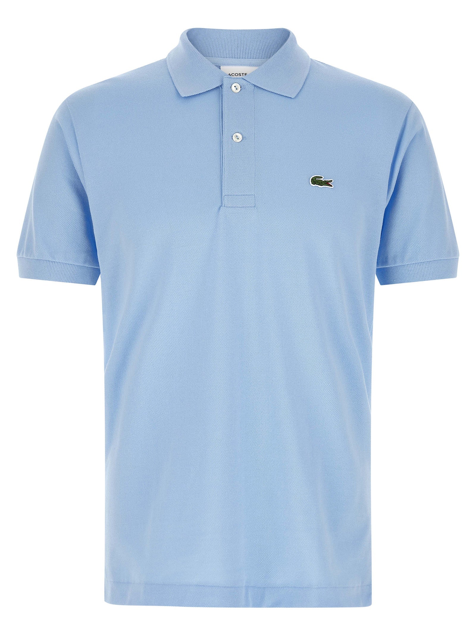 Chemise polo en coton bleu Lacoste, vue de face, avec col classique et logo crocodile sur la poitrine.