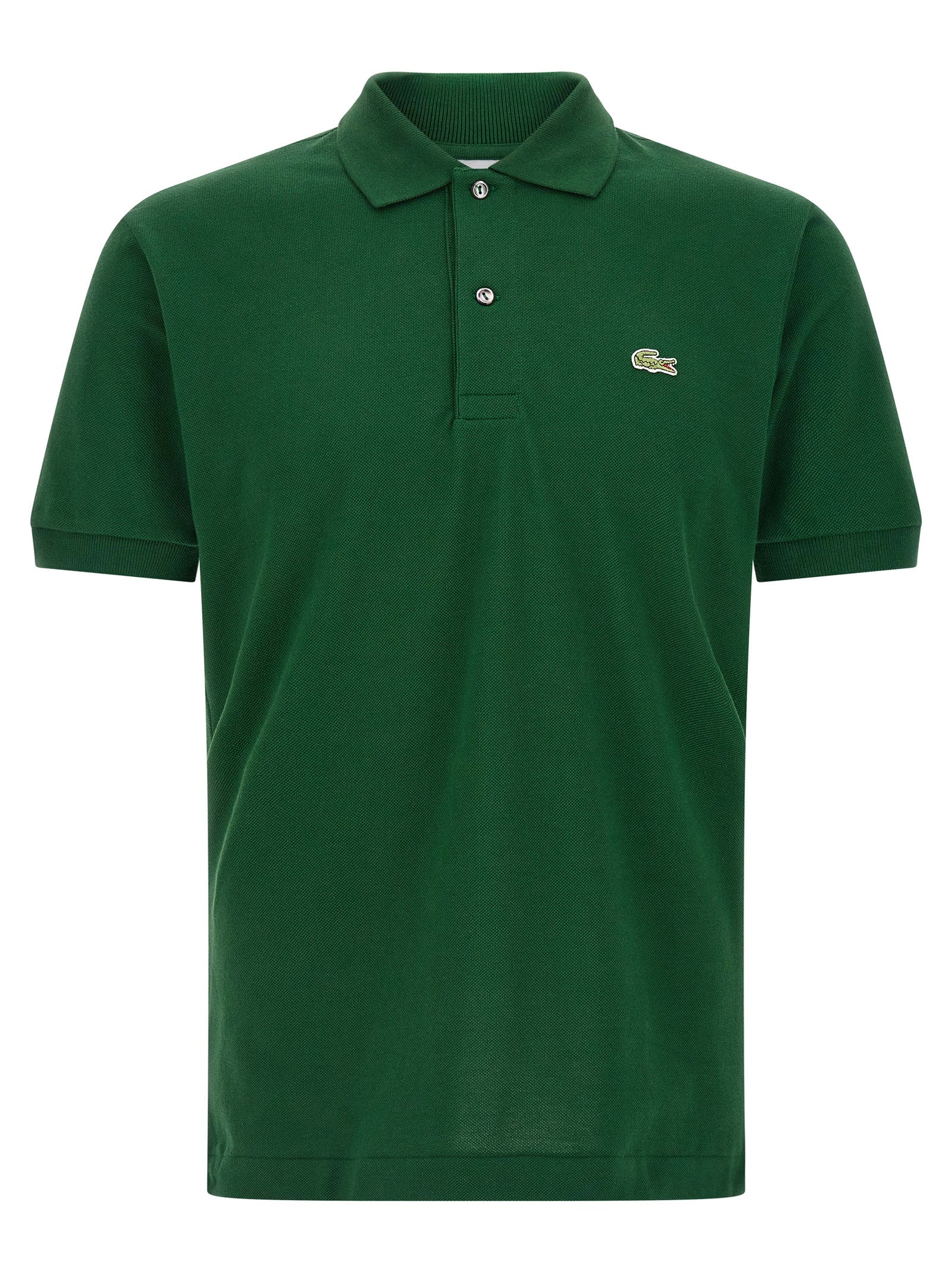 Chemise polo en coton bicolore Lacoste avec logo crocodile, manches longues et col classique, vue de face.