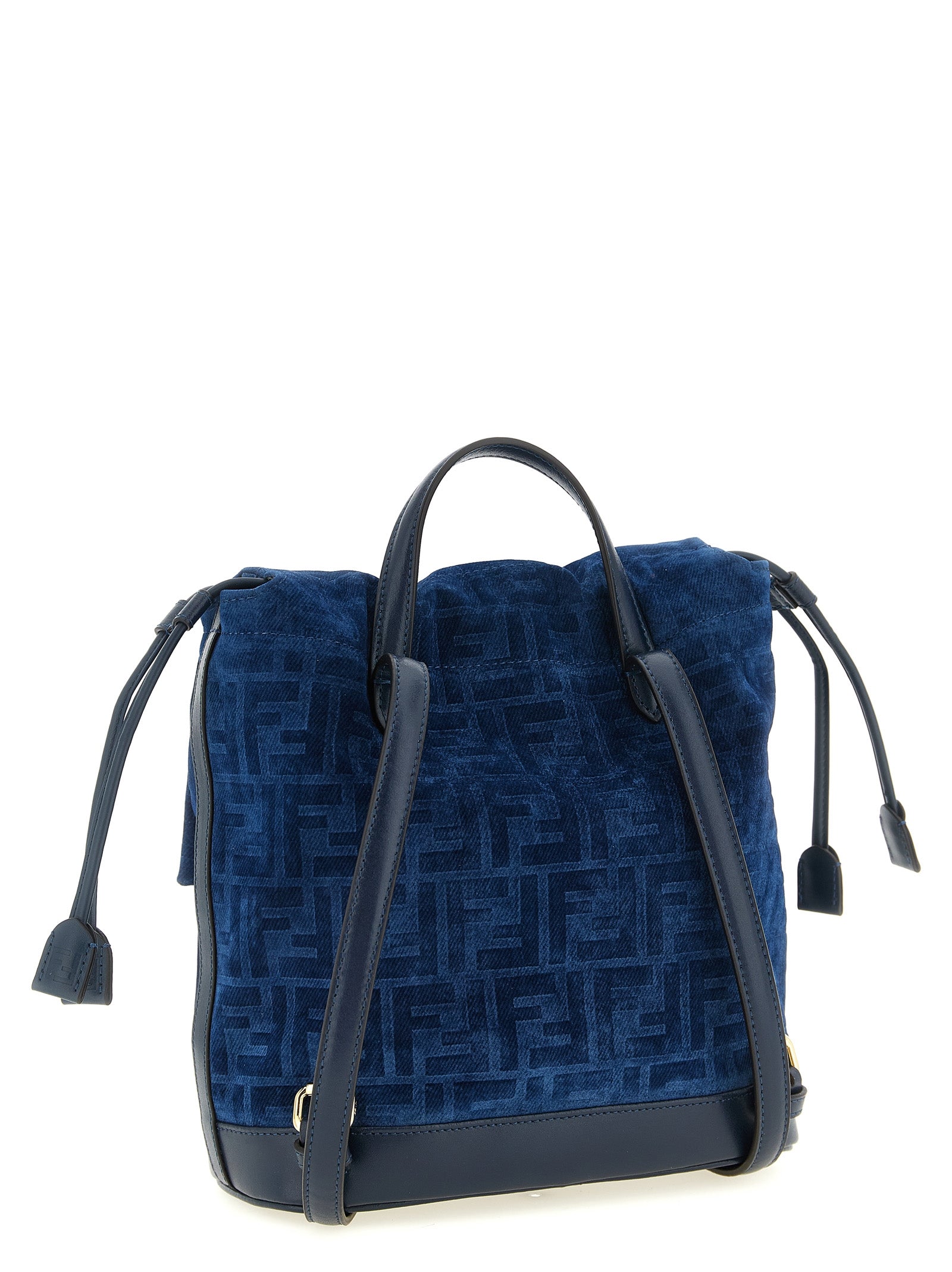 Sac à dos en coton bleu Fendi, avec logo emblématique, poche principale et bretelles ajustables.