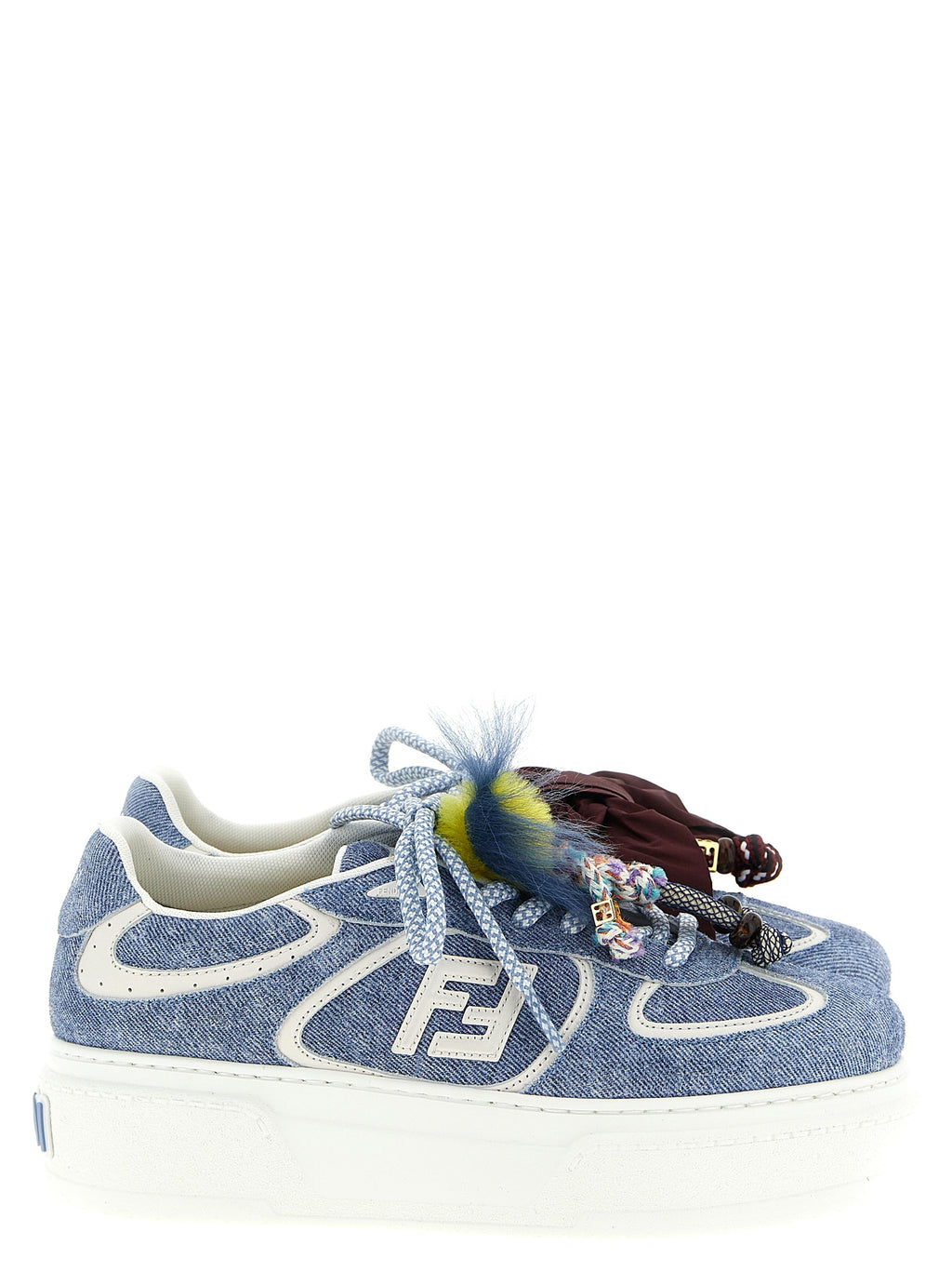Sneakers plateformes en cuir de veau bleu Fendi, style moderne avec semelle épaisse et détails élégants.