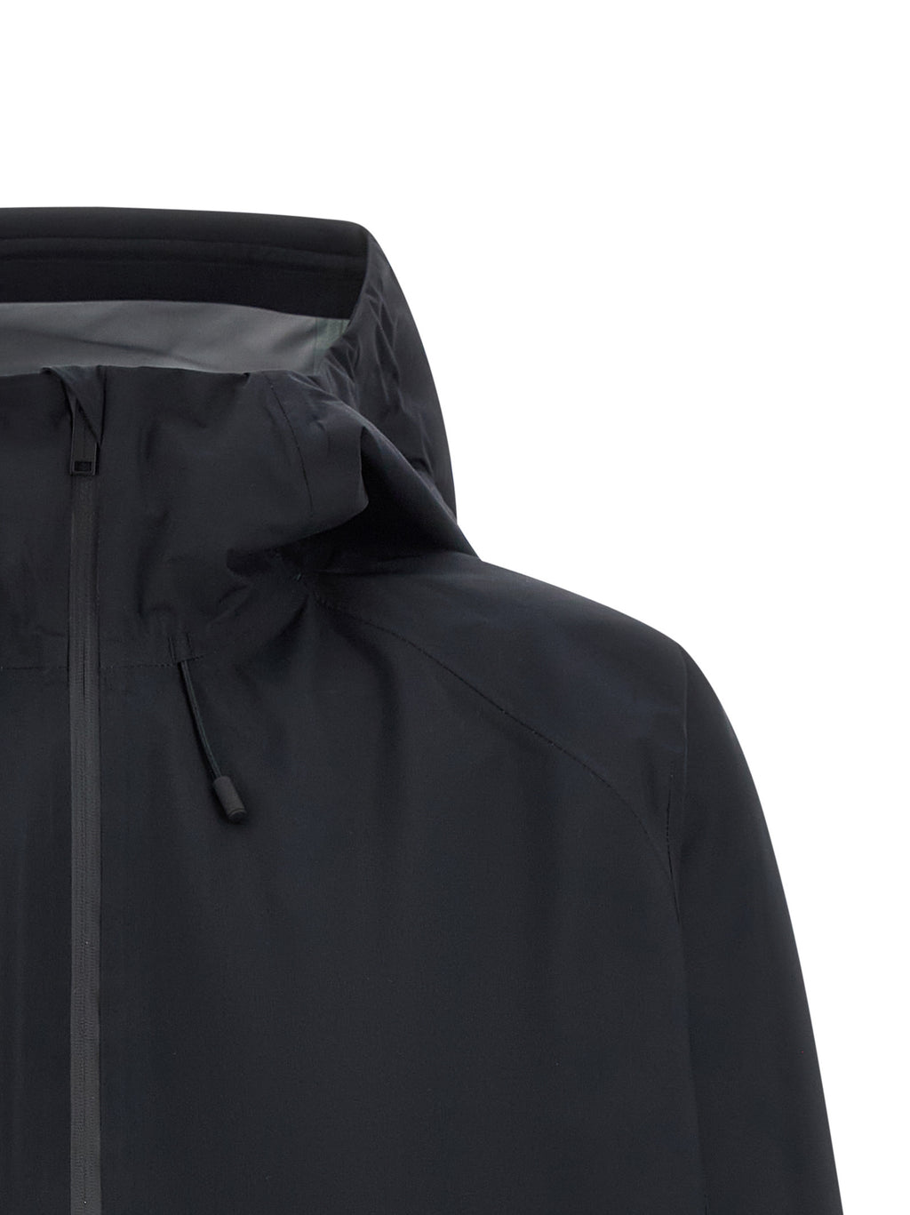 Veste en polyester noire Canada Goose, coupe-vent et imperméable, avec capuche et fermeture éclair visible sur l'image.