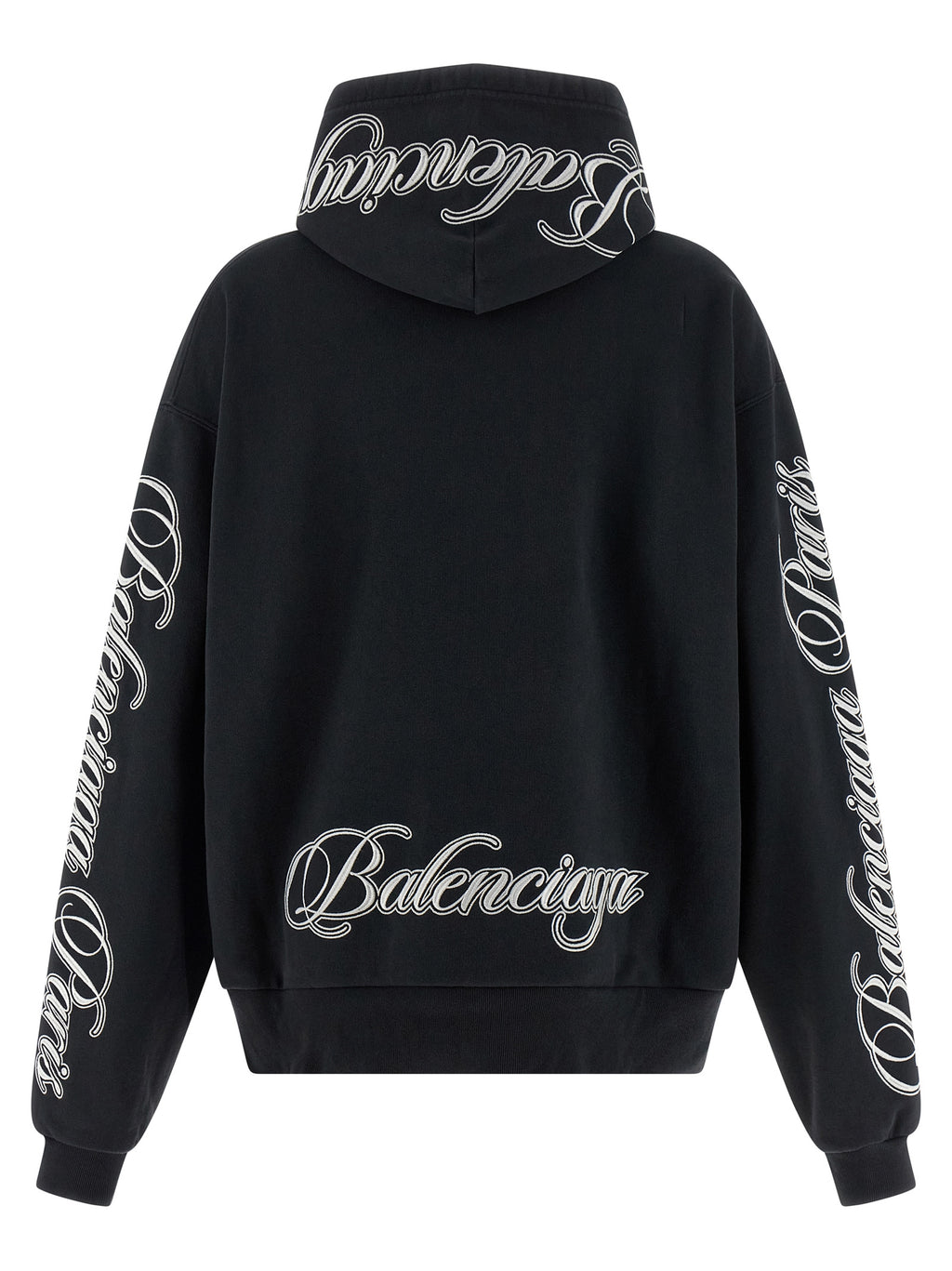 Pull à capuche en coton noir Balenciaga, décontracté avec logo discret, porté par un modèle sur fond neutre.