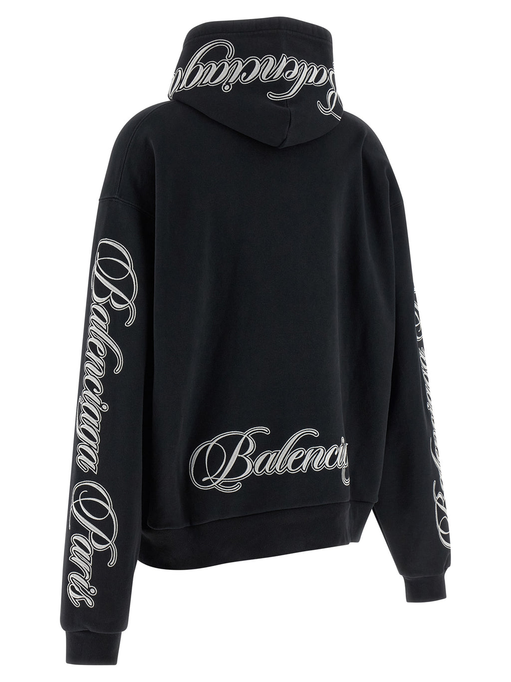 Sweat à capuche noir en coton de Balenciaga, vue de face, avec logo discret sur la poitrine, mode décontractée et sophistiquée.