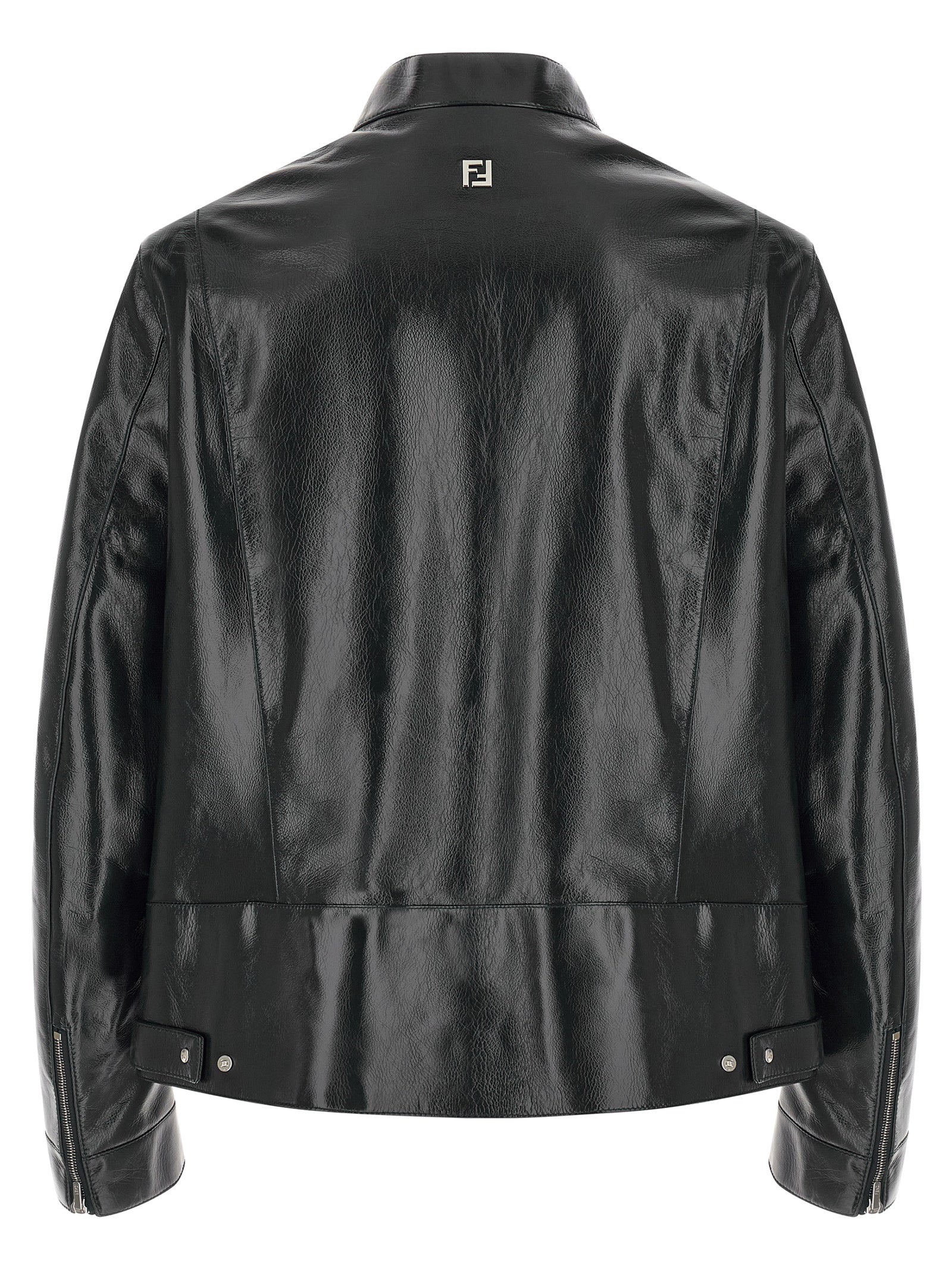 Veste en cuir d'agneau bleu de Fendi, élégante veste en cuir pour femme avec détails raffinés.