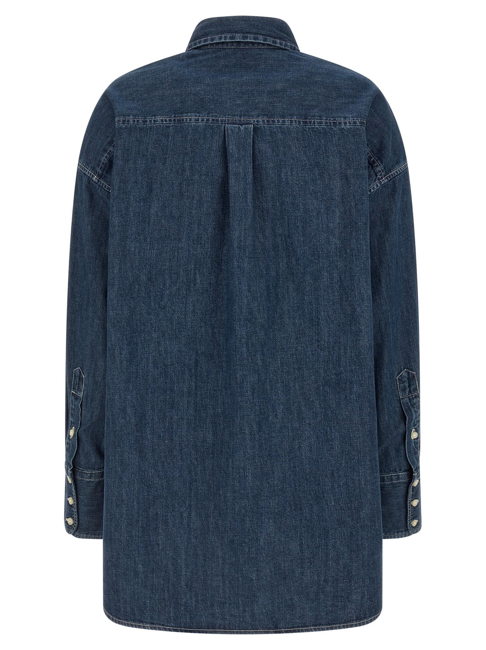 Chemise en coton bleue Polo Ralph Lauren, blouse élégante avec col classique et manches longues, vue en gros plan.