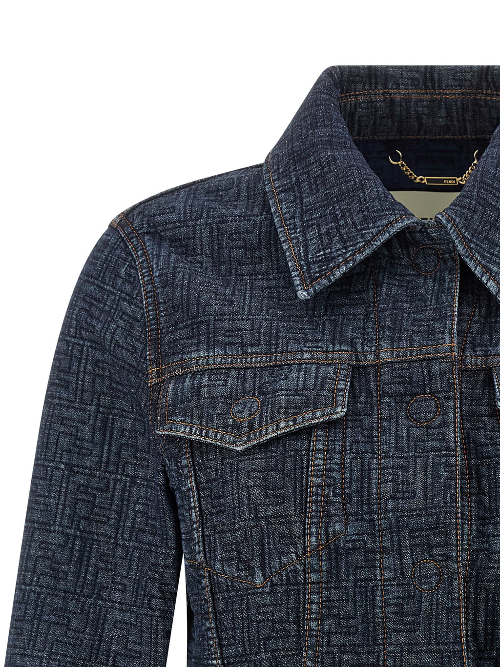 Veste en denim coton bleu Fendi, coupe classique avec détails tendance, vue de face sur un fond neutre.