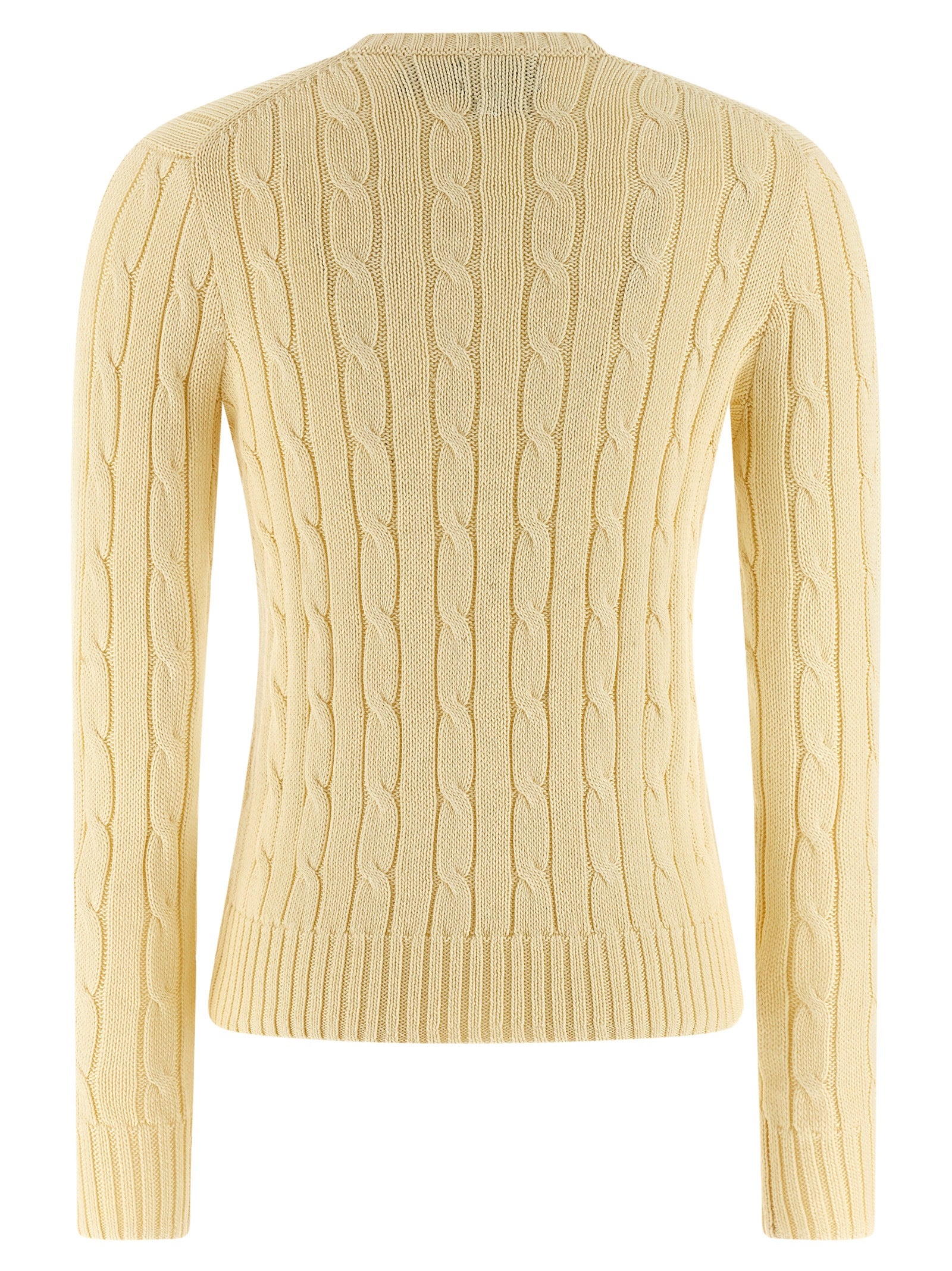 Cardigan bicolore en coton Polo Ralph Lauren porté, montrant le design classique avec boutons et col en V.