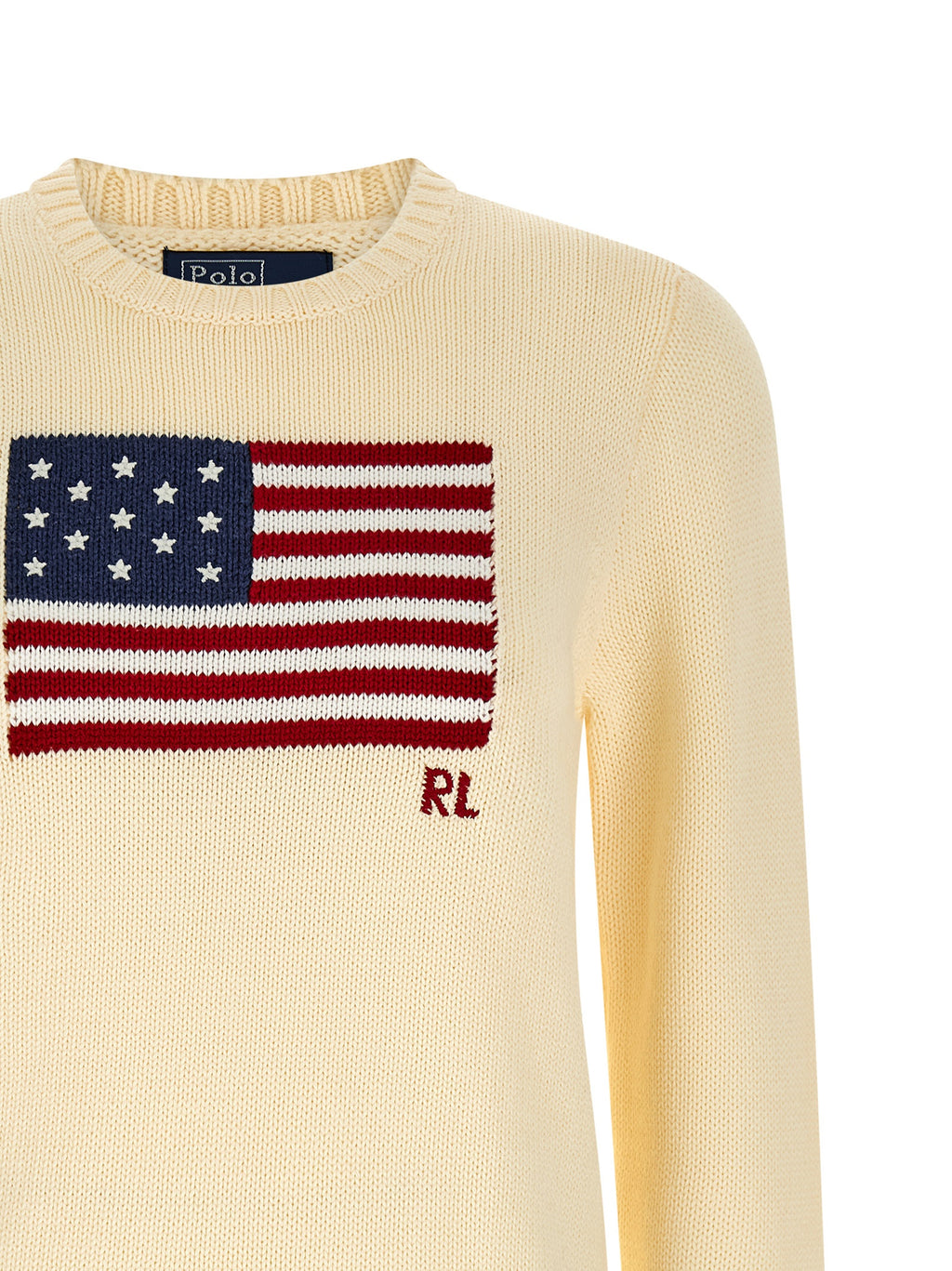 Pull en coton beige Polo Ralph Lauren avec col en V, manches longues et logo brodé sur la poitrine.