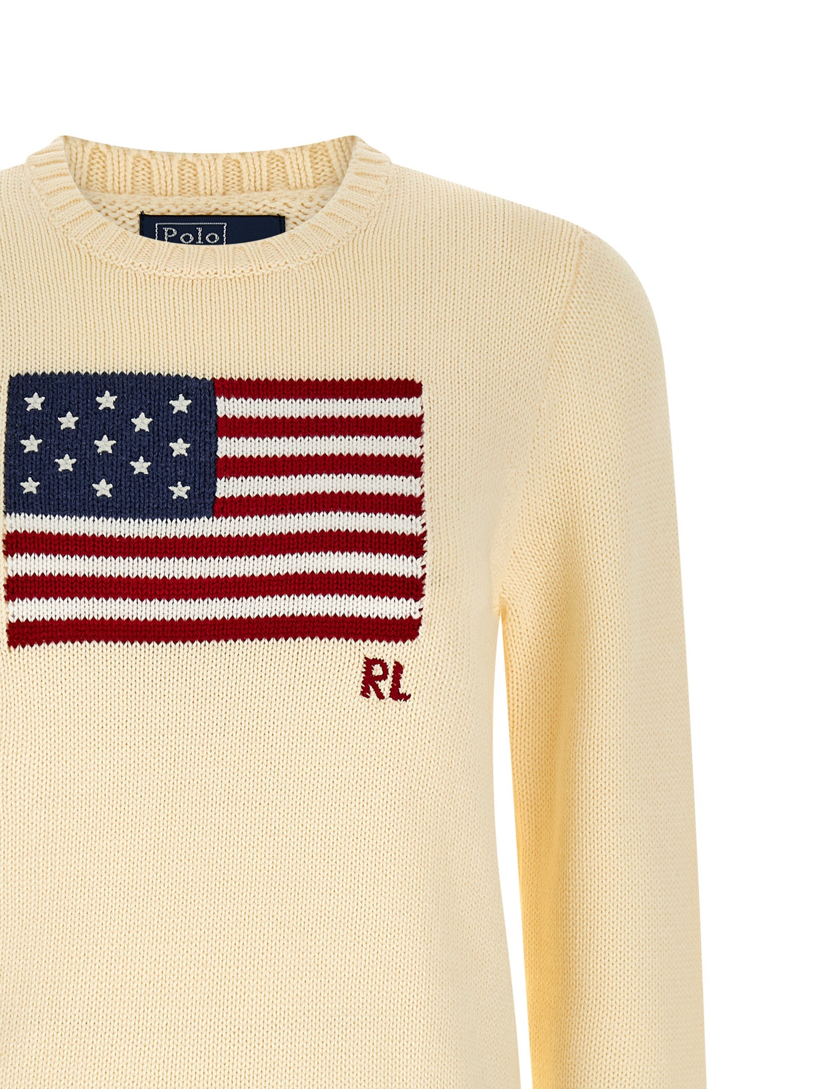 Pull en coton beige Polo Ralph Lauren avec col en V, manches longues et logo brodé sur la poitrine.
