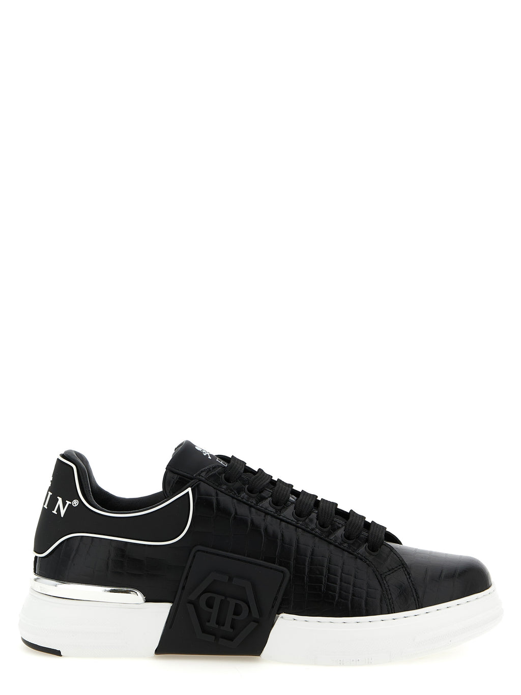 Baskets basses Philipp Plein en cuir de vache noire, style décontracté et tendance, avec détails en relief et logo de la marque.