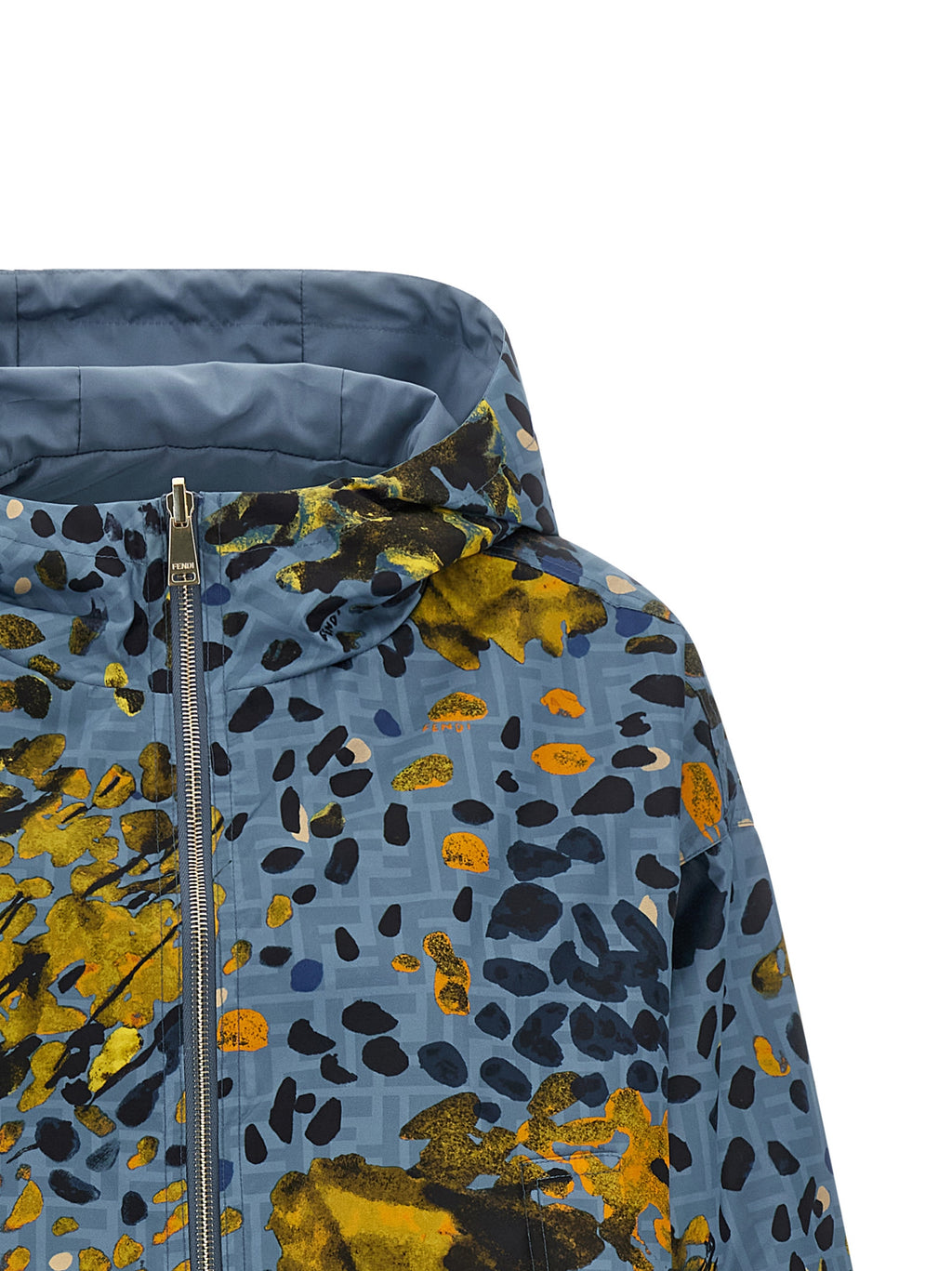 Veste en polyester bleu Fendi, coupe ajustée, avec fermeture éclair et col montant, vue de face.