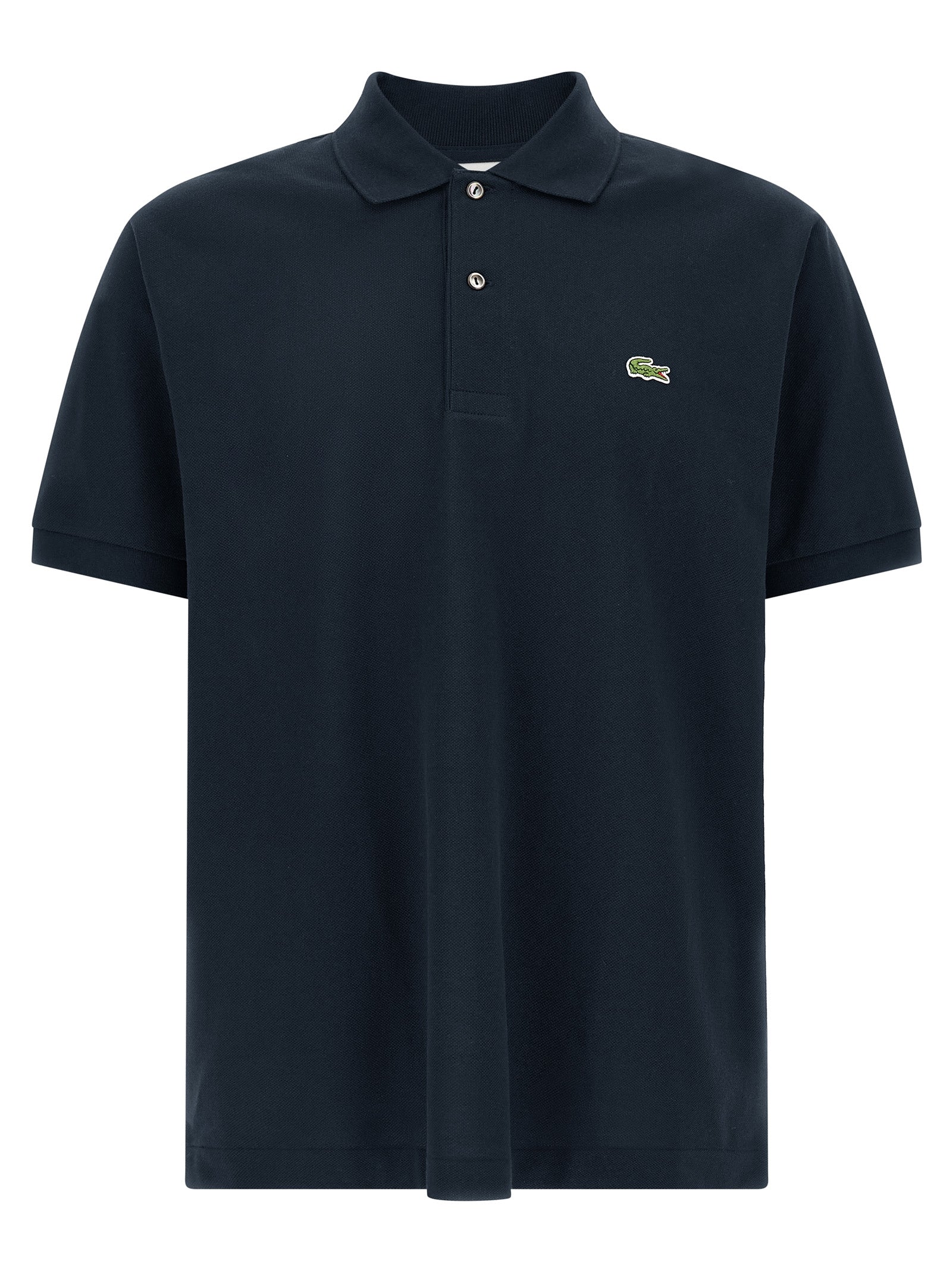 Chemise polo en coton bleu Lacoste avec col classique et logo crocodile visible sur la poitrine.