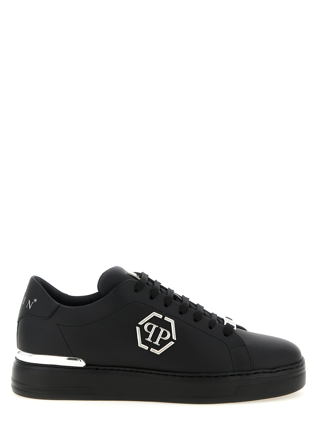 Chaussures basses en cuir de veau noir Philipp Plein, sneakers de style décontracté avec détails modernes.