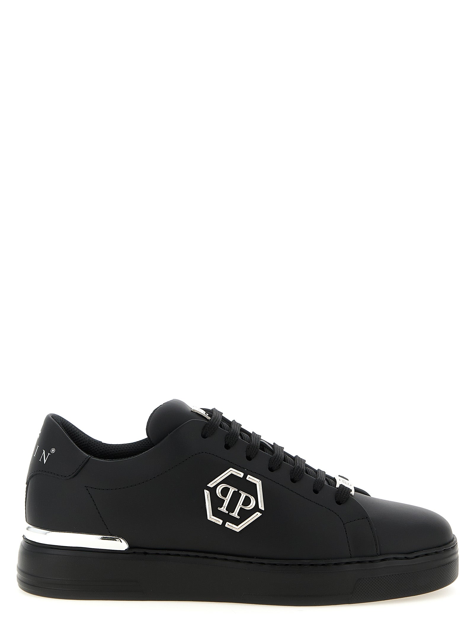 Chaussures basses en cuir de veau noir Philipp Plein, sneakers de style décontracté avec détails modernes.