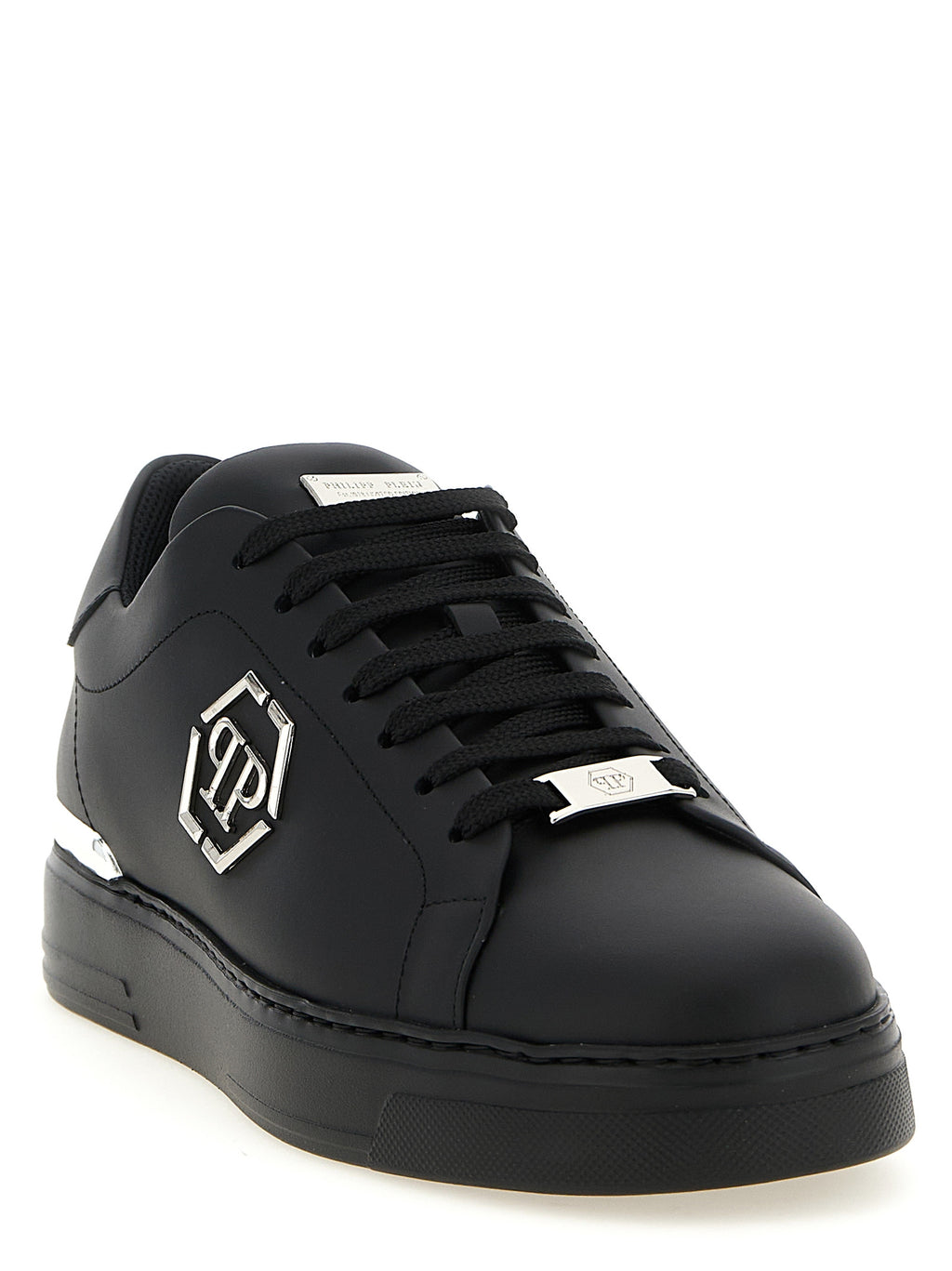 Chaussures Philipp Plein en cuir de veau noir, baskets basses élégantes avec logo distinctif, pour un style moderne et sophistiqué.