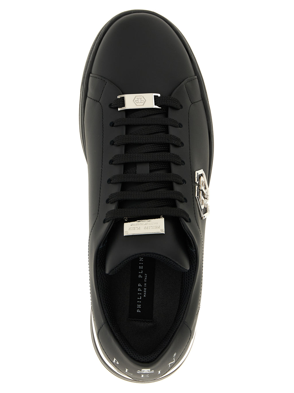 Chaussures basses Philipp Plein en cuir de veau noir, sneakers décontractés avec détails modernes et logo visible.