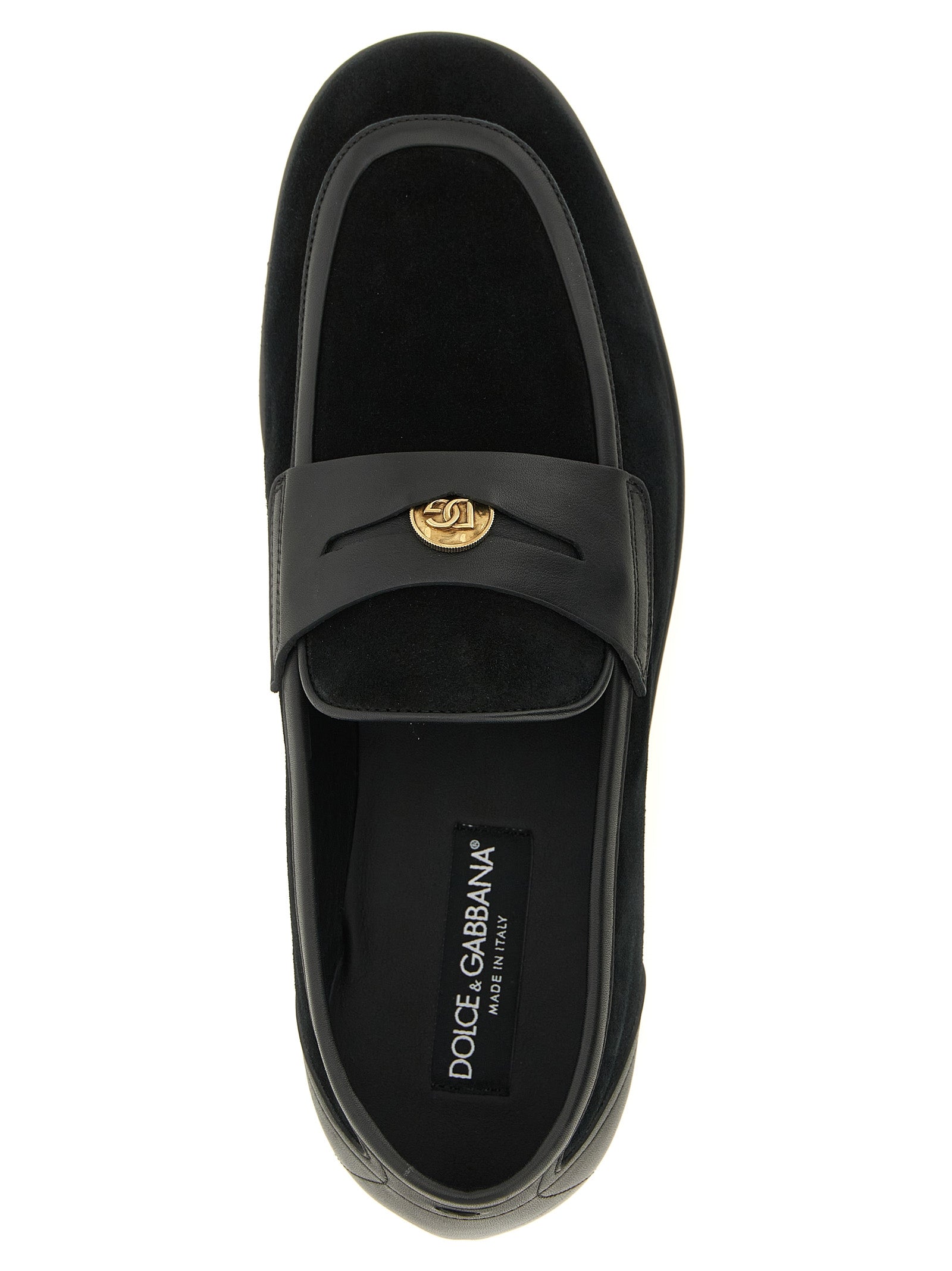 Mocassins noirs en cuir de veau Dolce & Gabbana, chaussons slip-on élégants et raffinés pour hommes.