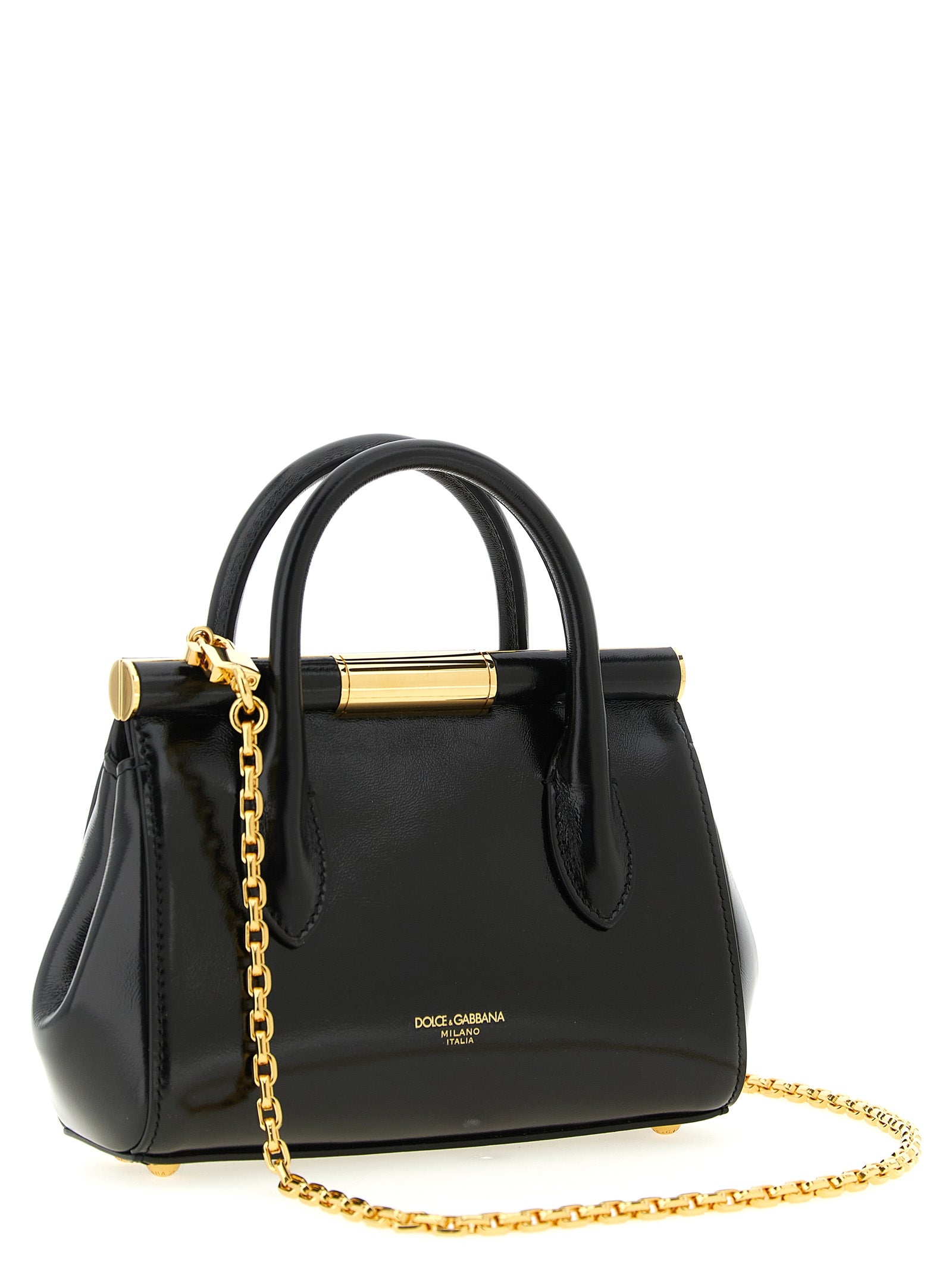 Sac à main en cuir de veau noir Dolce & Gabbana, élégant et sophistiqué, avec détails en or et poignée confortable.