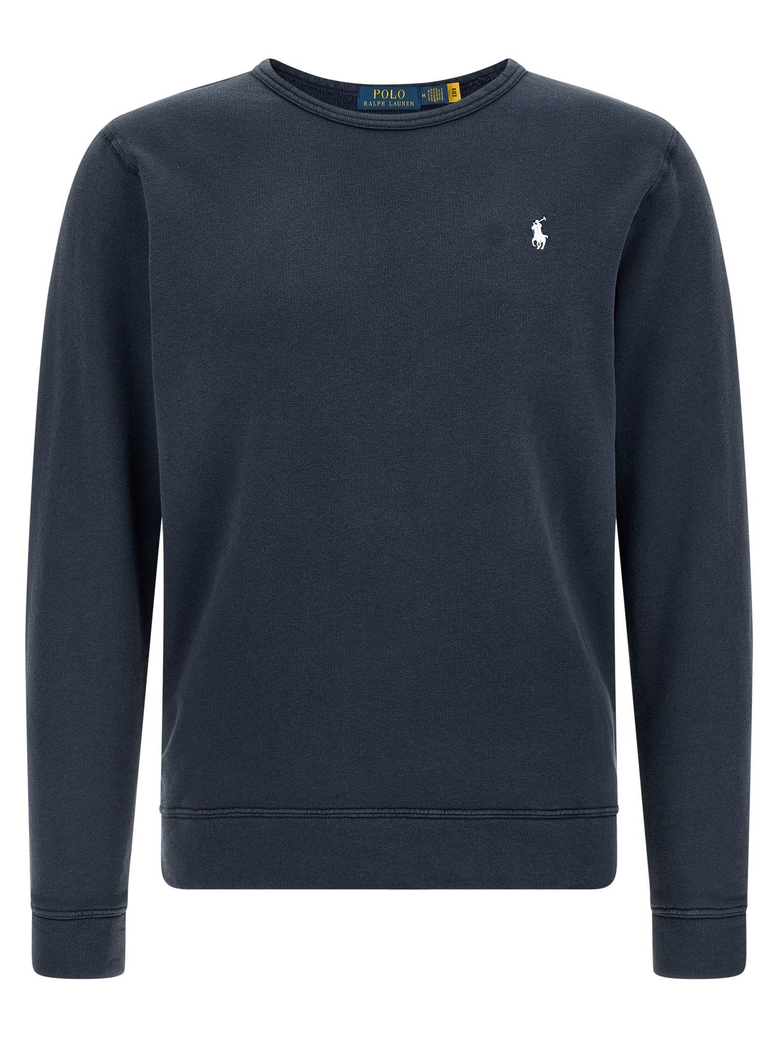 Sweatshirt en coton bleu Polo Ralph Lauren, à col rond et logo brodé, porté sur mannequin blanc.