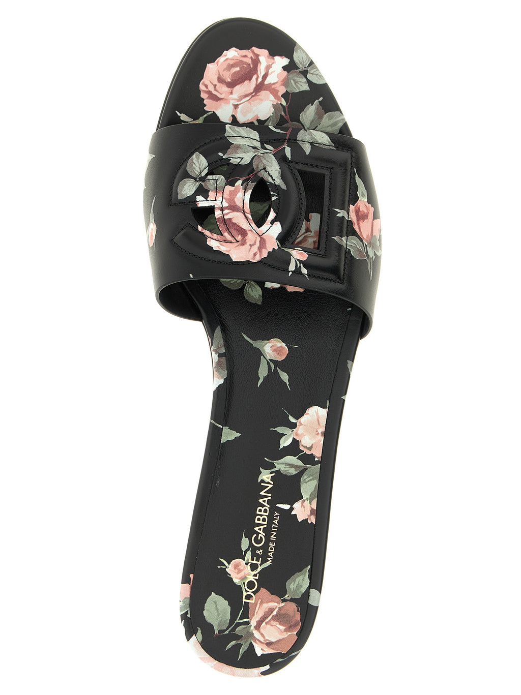 Sandales Dolce & Gabbana en cuir de veau noir, vue de face, avec design élégant et semelle confortable.