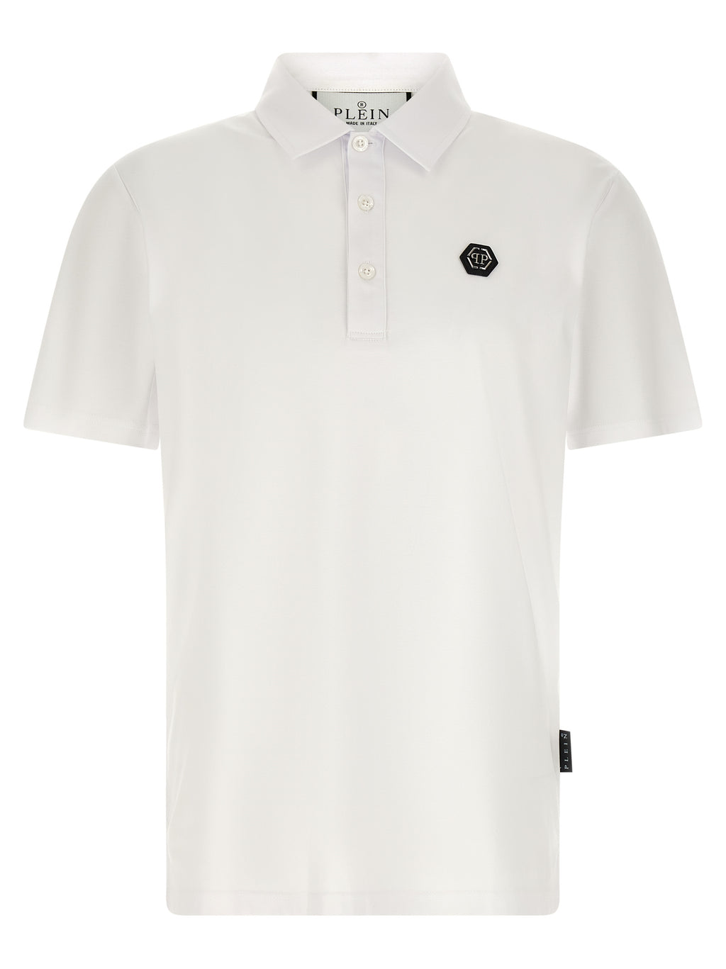 Chemise polo blanche en coton Philipp Plein avec logo brodé, portée sur un mannequin.