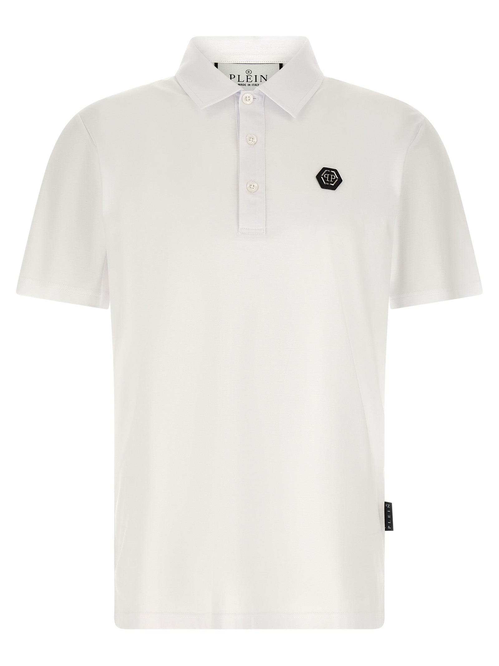 Chemise polo blanche en coton Philipp Plein avec logo brodé, portée sur un mannequin.