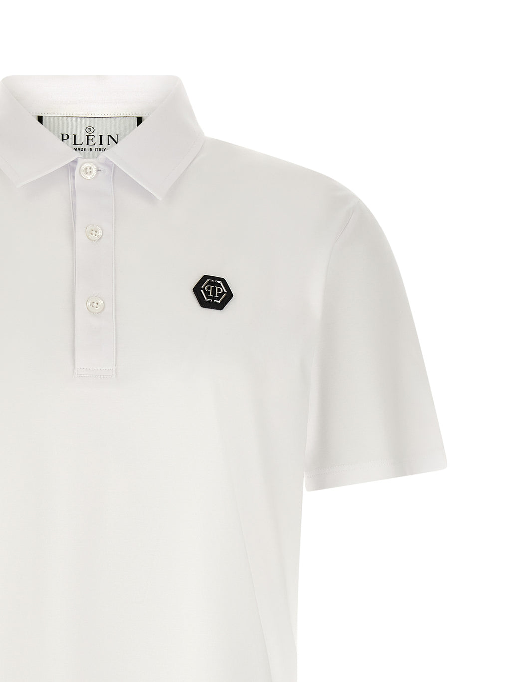 Chemise polo blanche en coton de la marque Philipp Plein, col classique et logo brodé sur la poitrine.