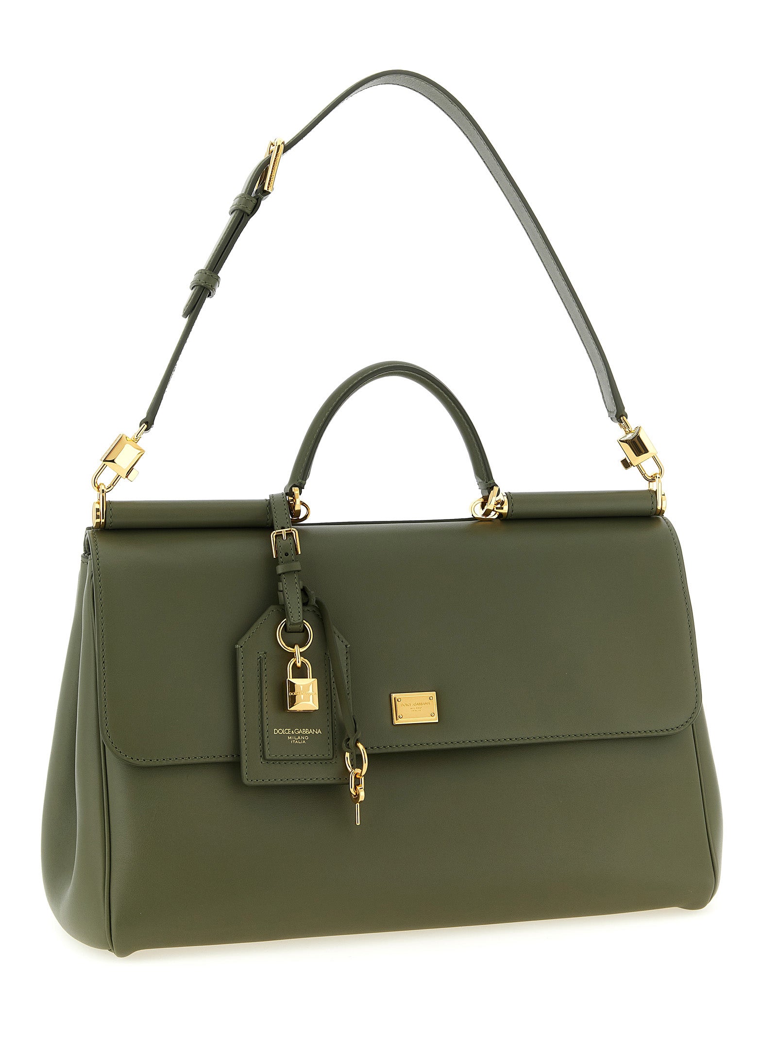 Sac à main Dolce & Gabbana en cuir de veau bicolore, élégant et sophistiqué, avec détails de finition raffinés.