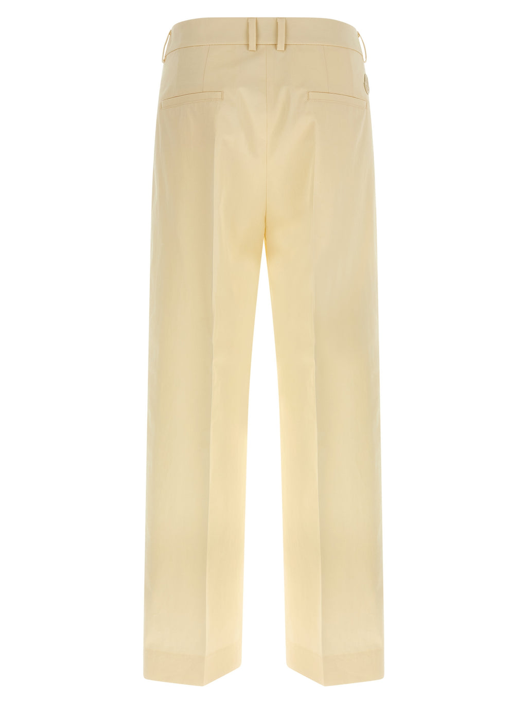 Pantalon beige en coton Moncler pour femme, coupe classique et élégante, visible en détail dans l'image.