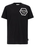T-shirt noir en coton Philipp Plein avec logo graphique, ajusté et confortable, porté sur mannequin blanc.