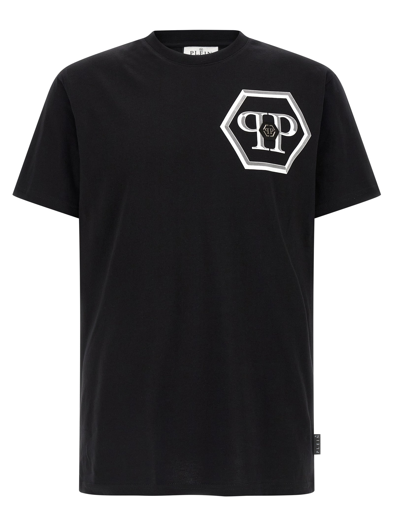 T-shirt noir en coton Philipp Plein avec logo graphique, ajusté et confortable, porté sur mannequin blanc.