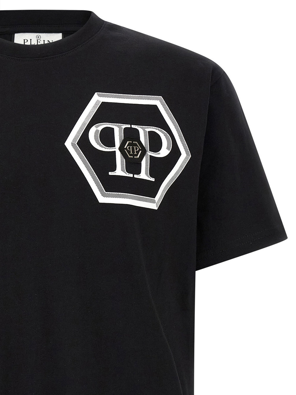 T-shirt noir en coton de la marque Philipp Plein, coupe classique, avec logo visible sur la poitrine.