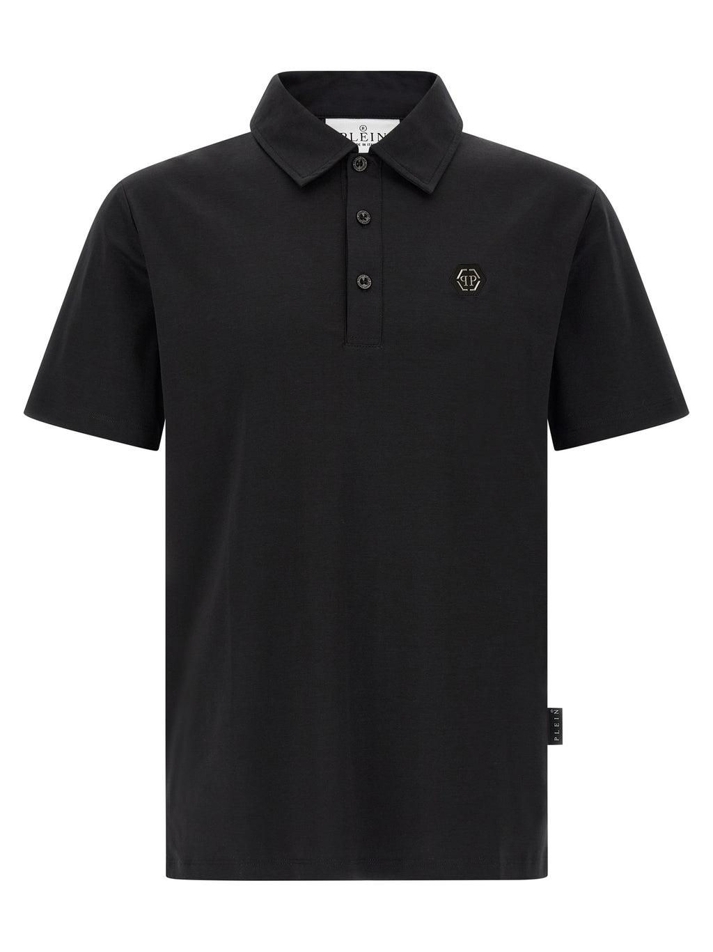 Chemise polo en coton noir Philipp Plein, vue de face, détail du col et du logo brodé, tissu doux et élégant.