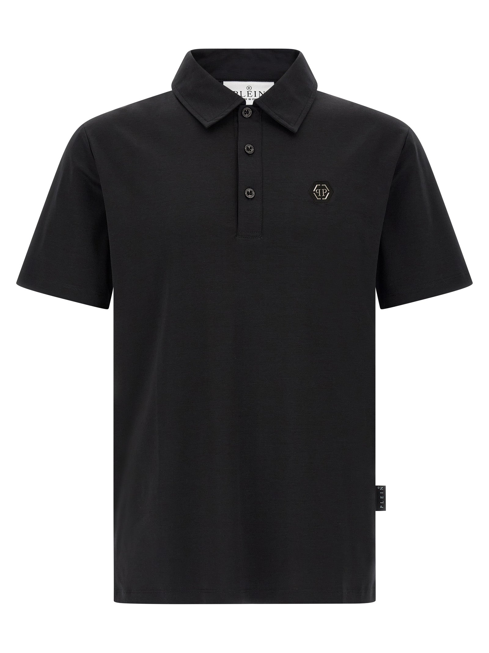 Chemise polo en coton noir Philipp Plein, vue de face, détail du col et du logo brodé, tissu doux et élégant.