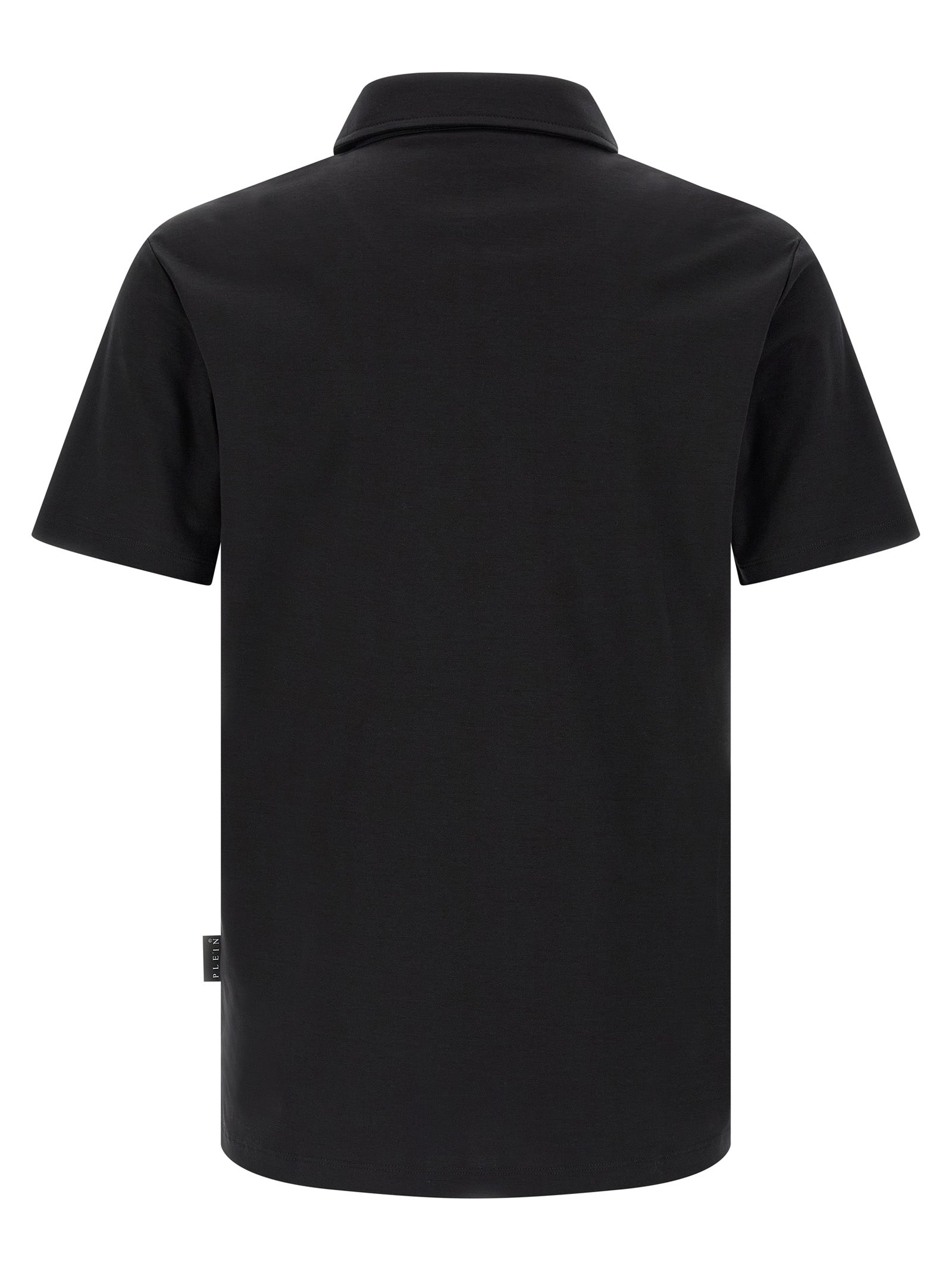 Chemise polo en coton noir de la marque Philipp Plein, col classique et logo brodé sur la poitrine.