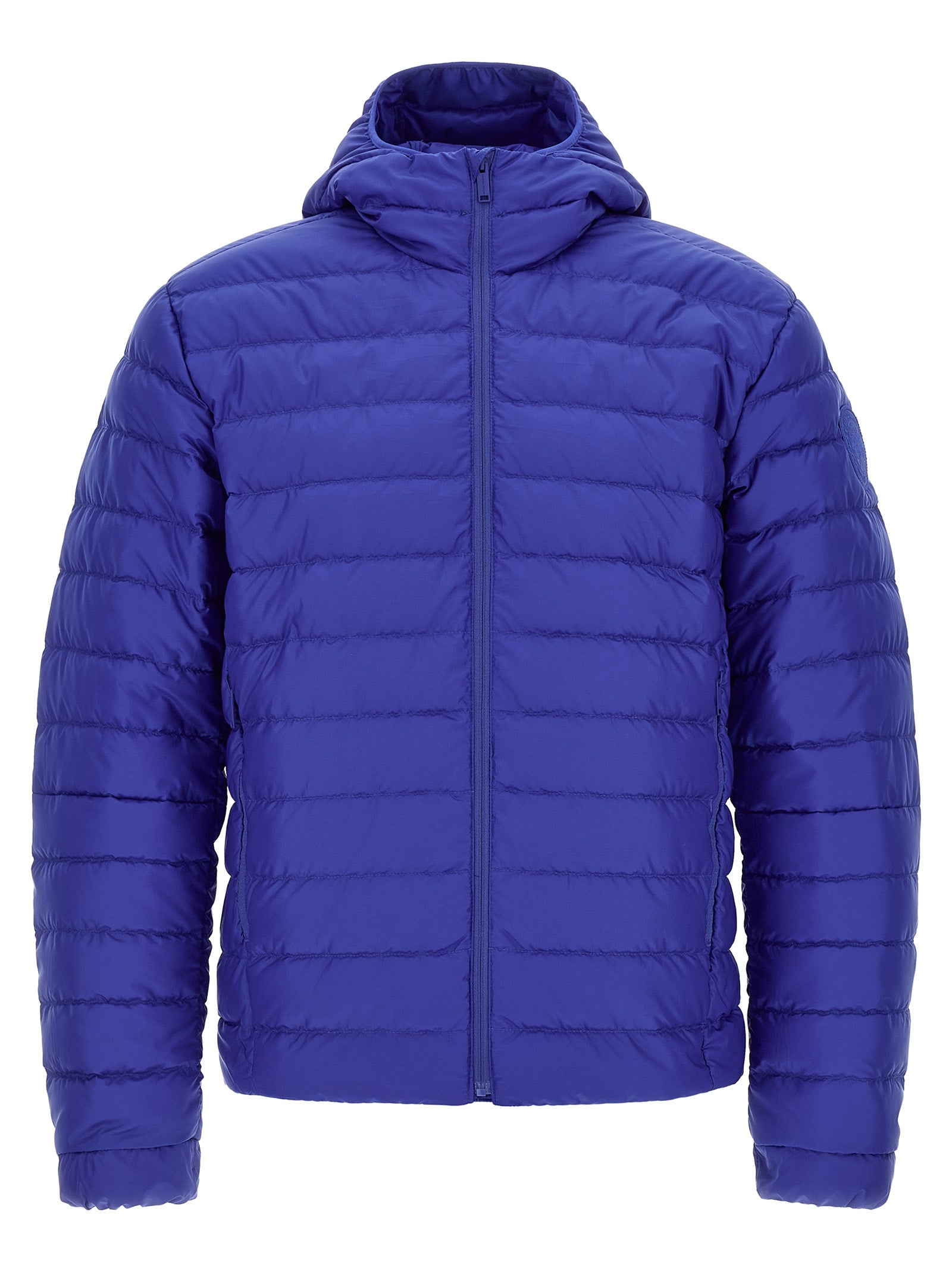 Veste longue en polyamide bleue de Canada Goose, style élégant et chaud, avec capuche et fermeture éclair visible.