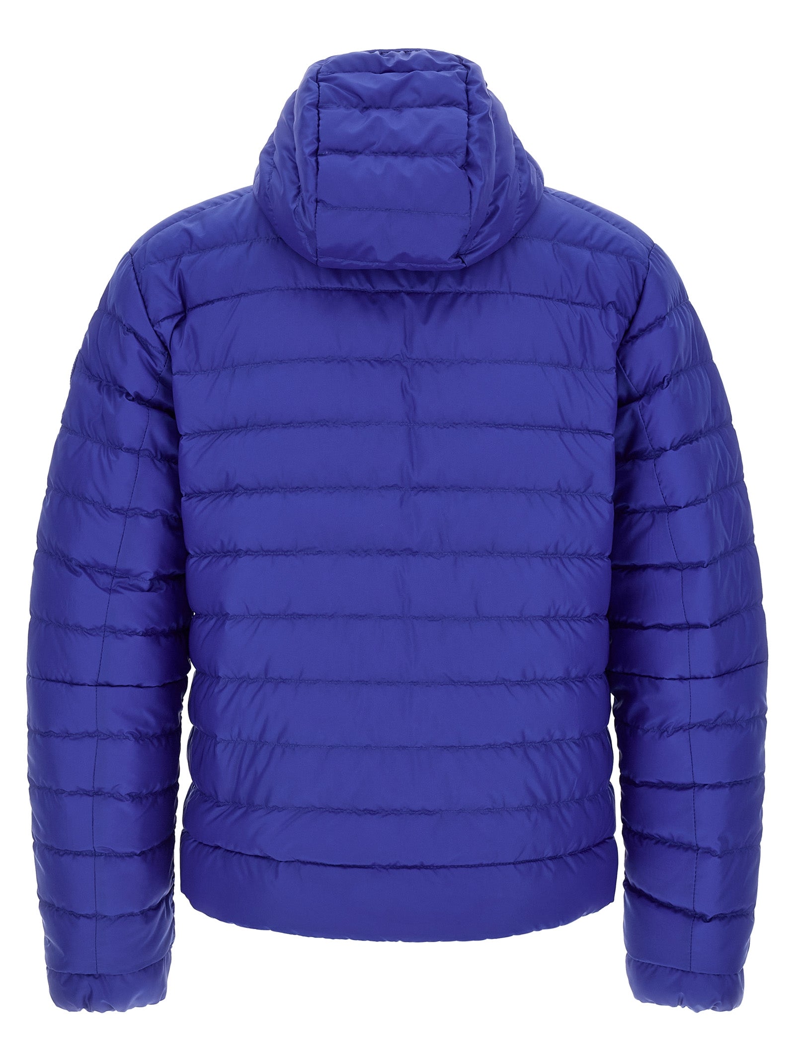 Veste longue en polyamide bleue de Canada Goose, isolante, avec capuche et fermetures éclair visibles.