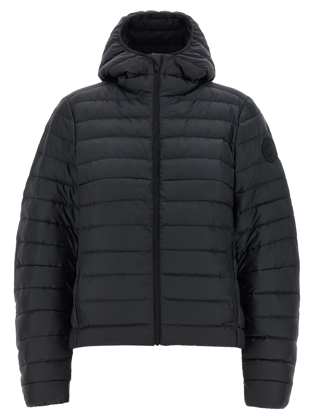 Veste longue noire en polyamide de Canada Goose, style élégante et chaude, vue de face sur fond blanc.