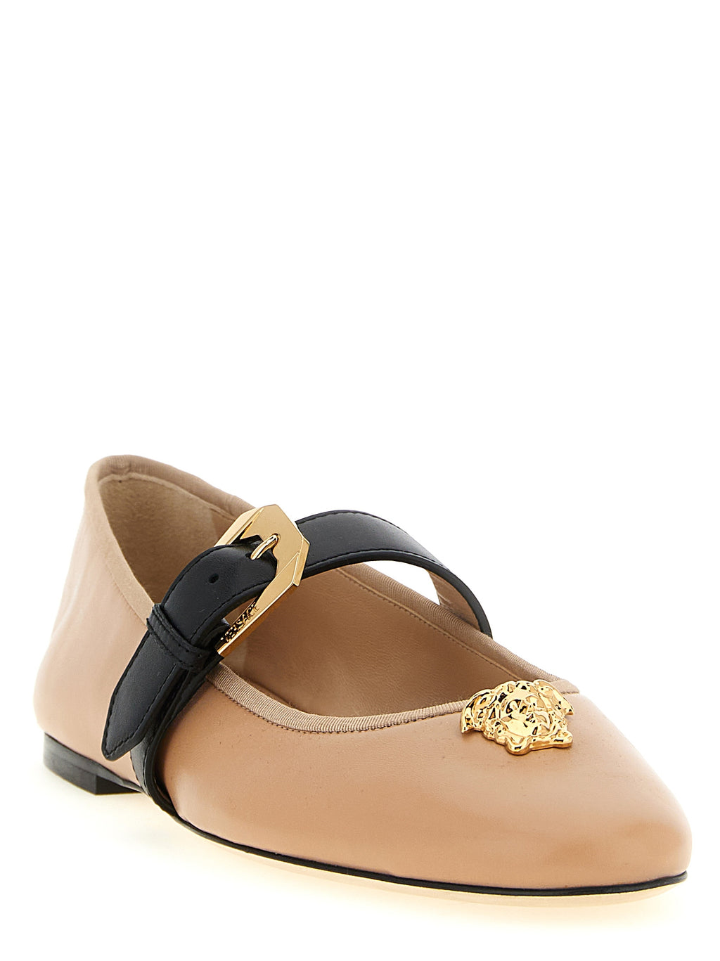 Ballerines en cuir d'agneau multicolores de Versace, chaussures plates élégantes avec design coloré et luxe.
