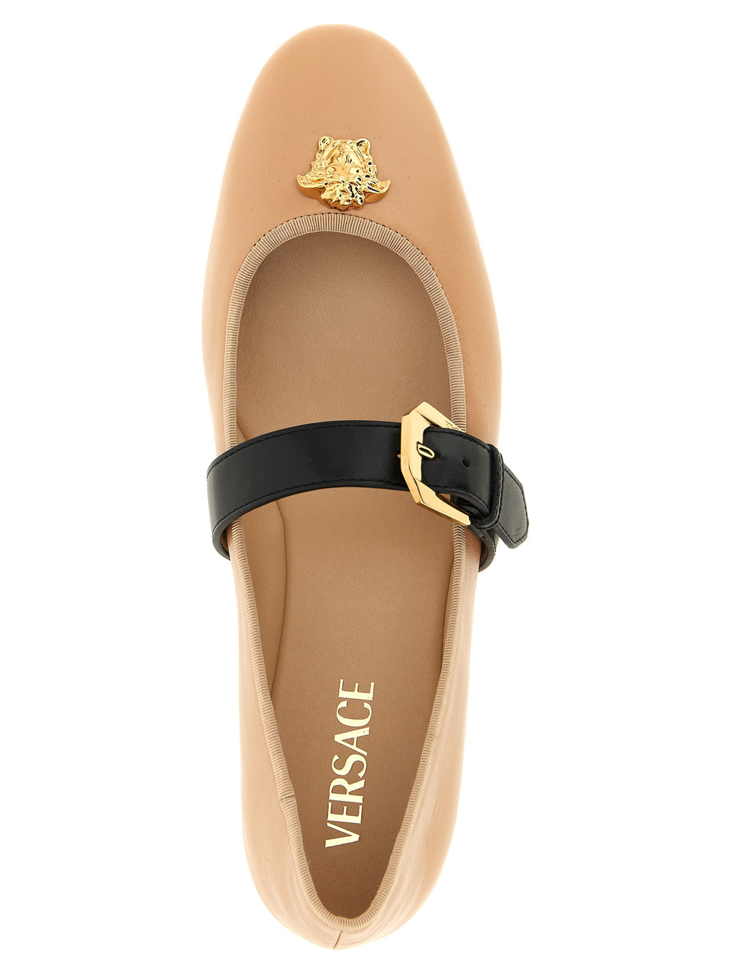 Chaussures ballerines en cuir d'agneau multicolore de Versace, design élégant et coloré, vue de face sur une surface neutre.