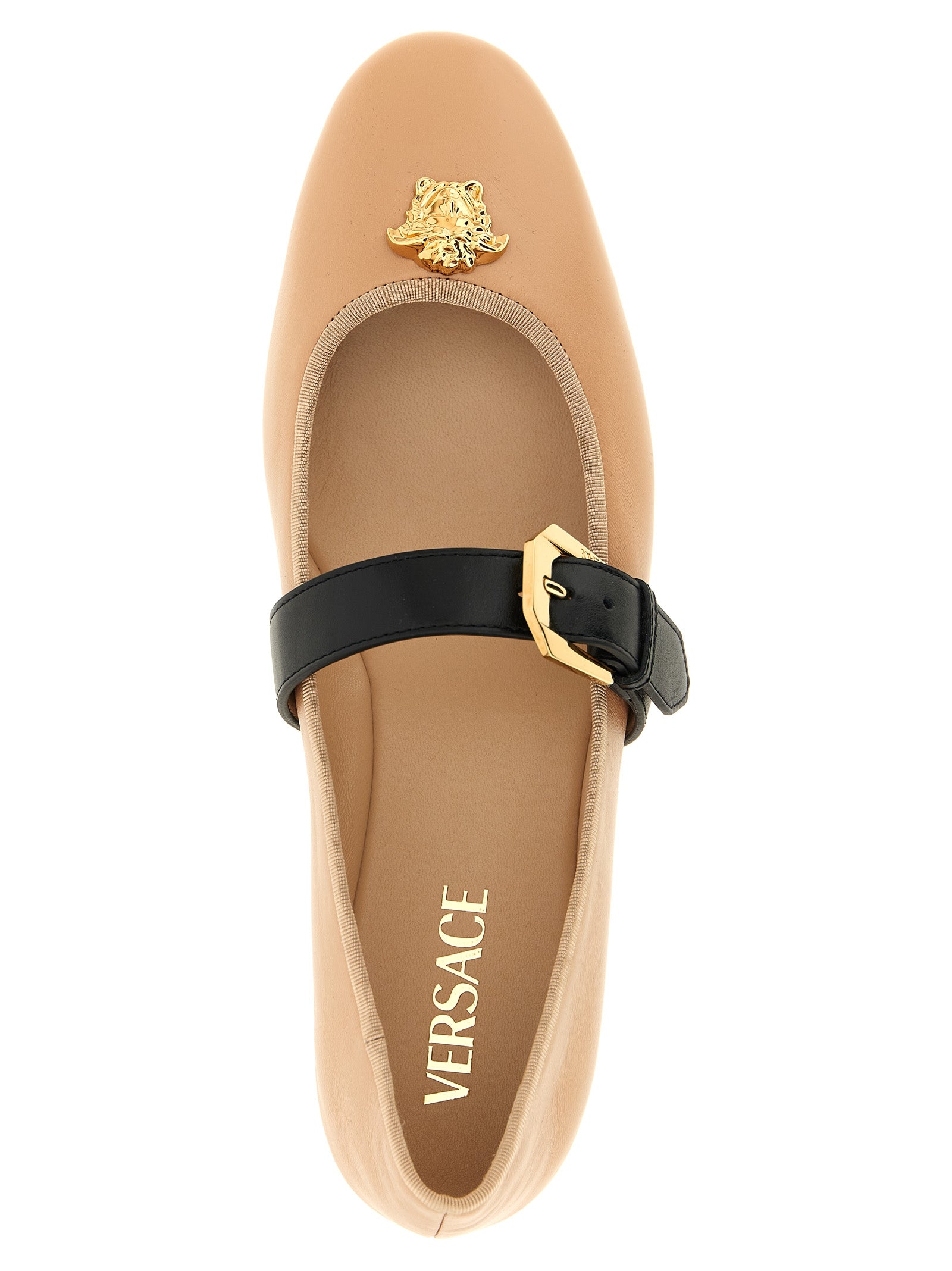 Chaussures ballerines en cuir d'agneau multicolore de Versace, design élégant et coloré, vue de face sur une surface neutre.